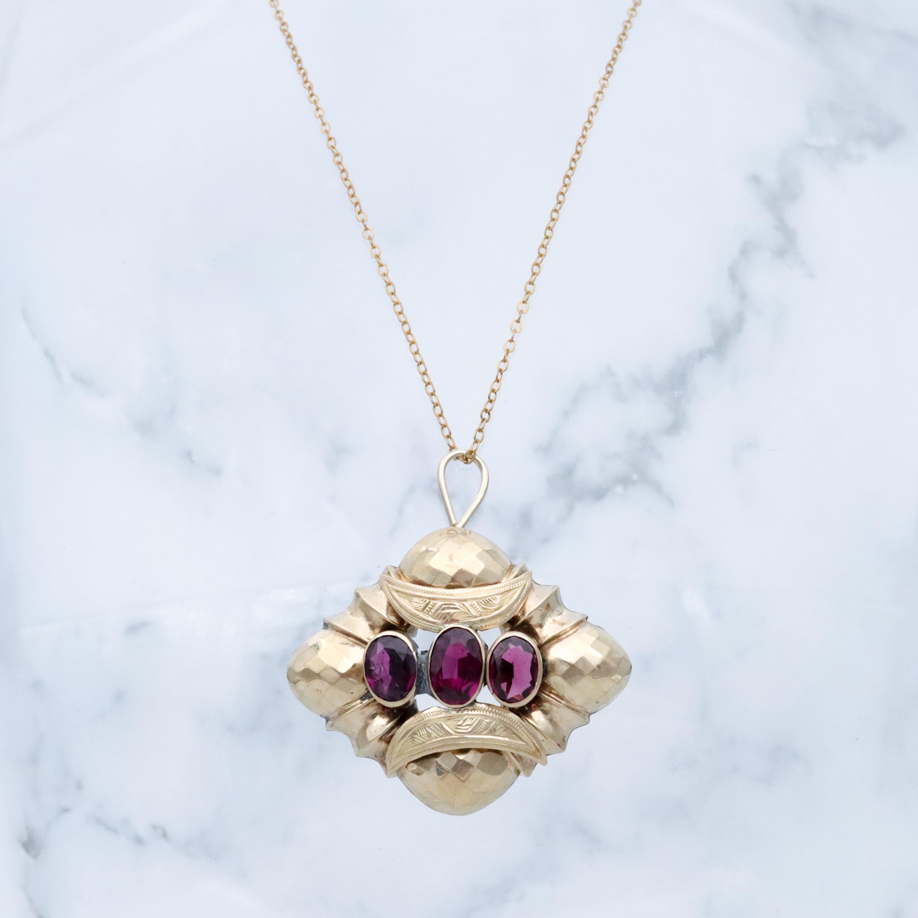 Antique Victorian 10k gold rhodolite garnet faceted diamond shaped pendant conversion