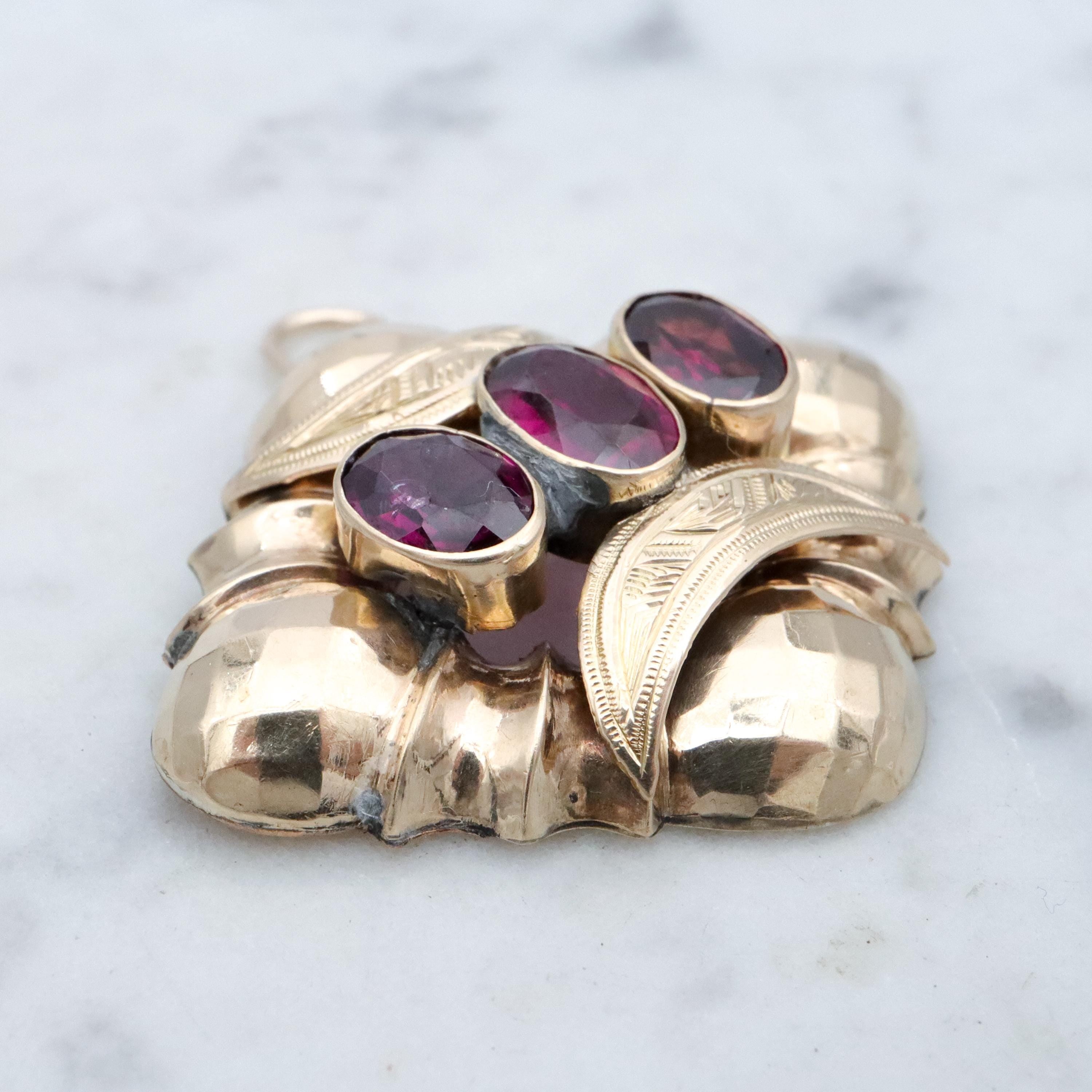 Antique Victorian 10k gold rhodolite garnet faceted diamond shaped pendant conversion