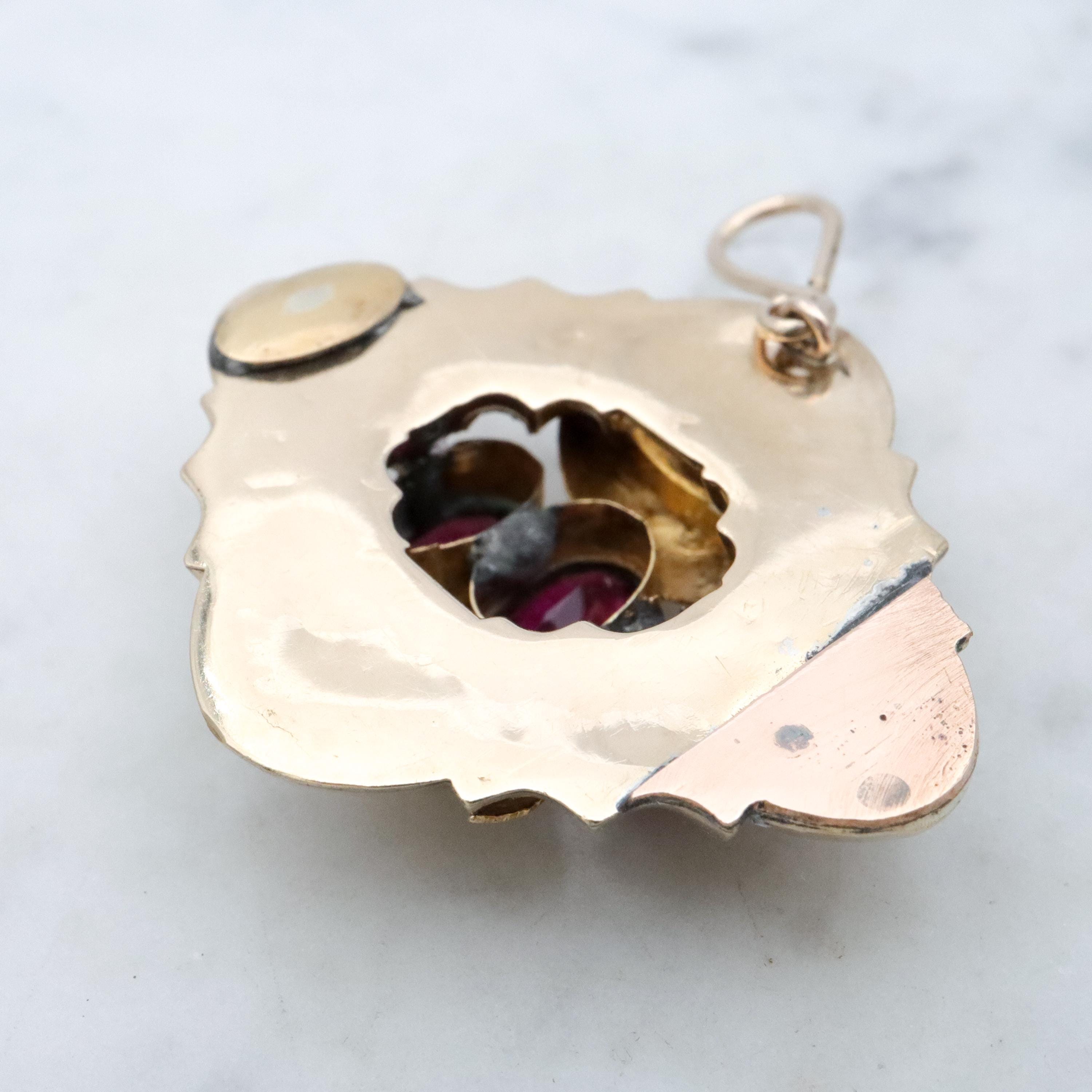 Antique Victorian 10k gold rhodolite garnet faceted diamond shaped pendant conversion