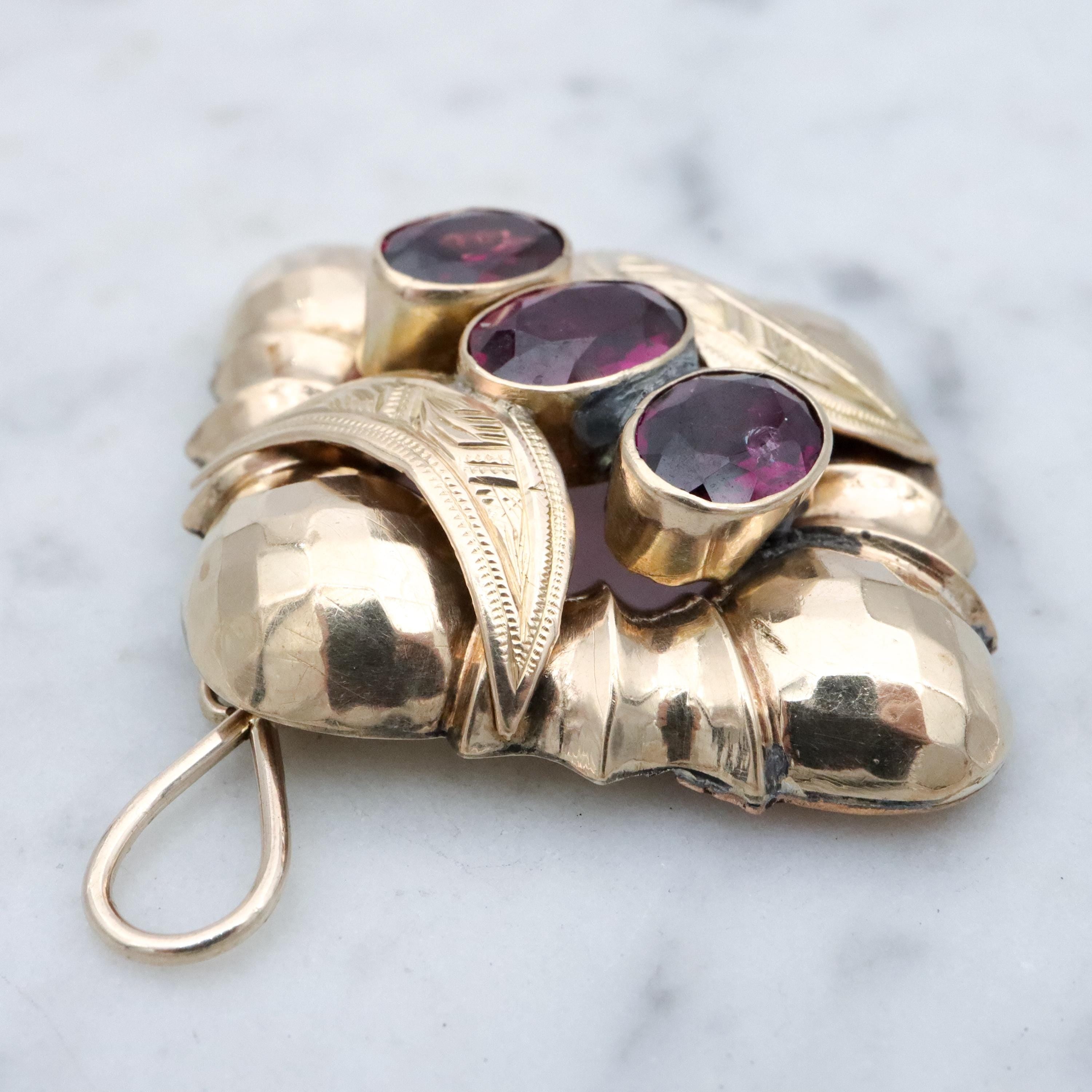 Antique Victorian 10k gold rhodolite garnet faceted diamond shaped pendant conversion