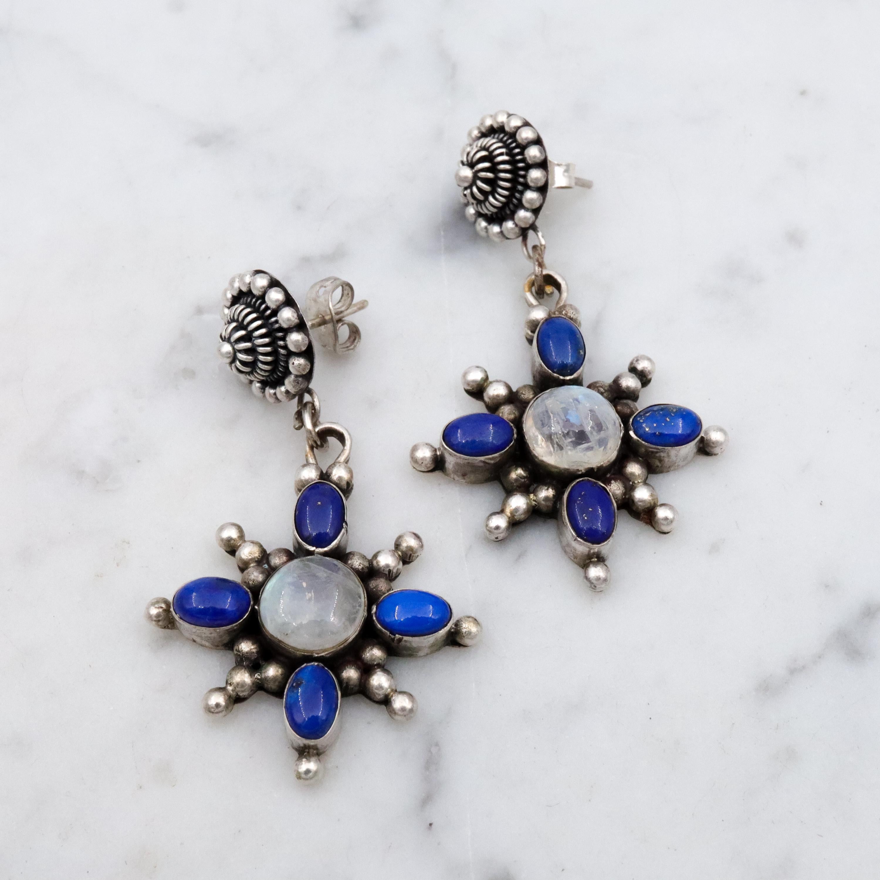 Vintage lapis & moonstone sunburst drop earrings
