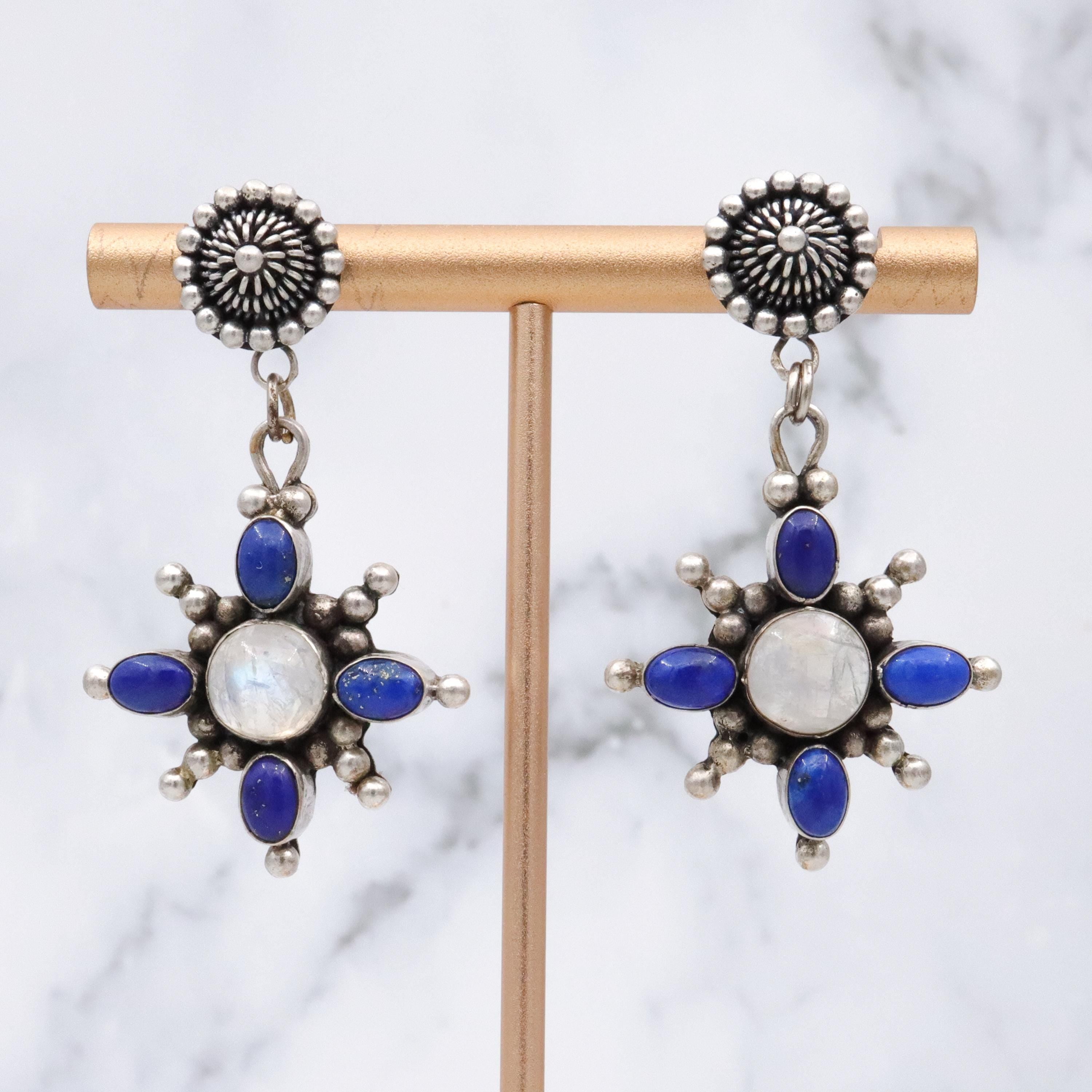 Vintage lapis & moonstone sunburst drop earrings