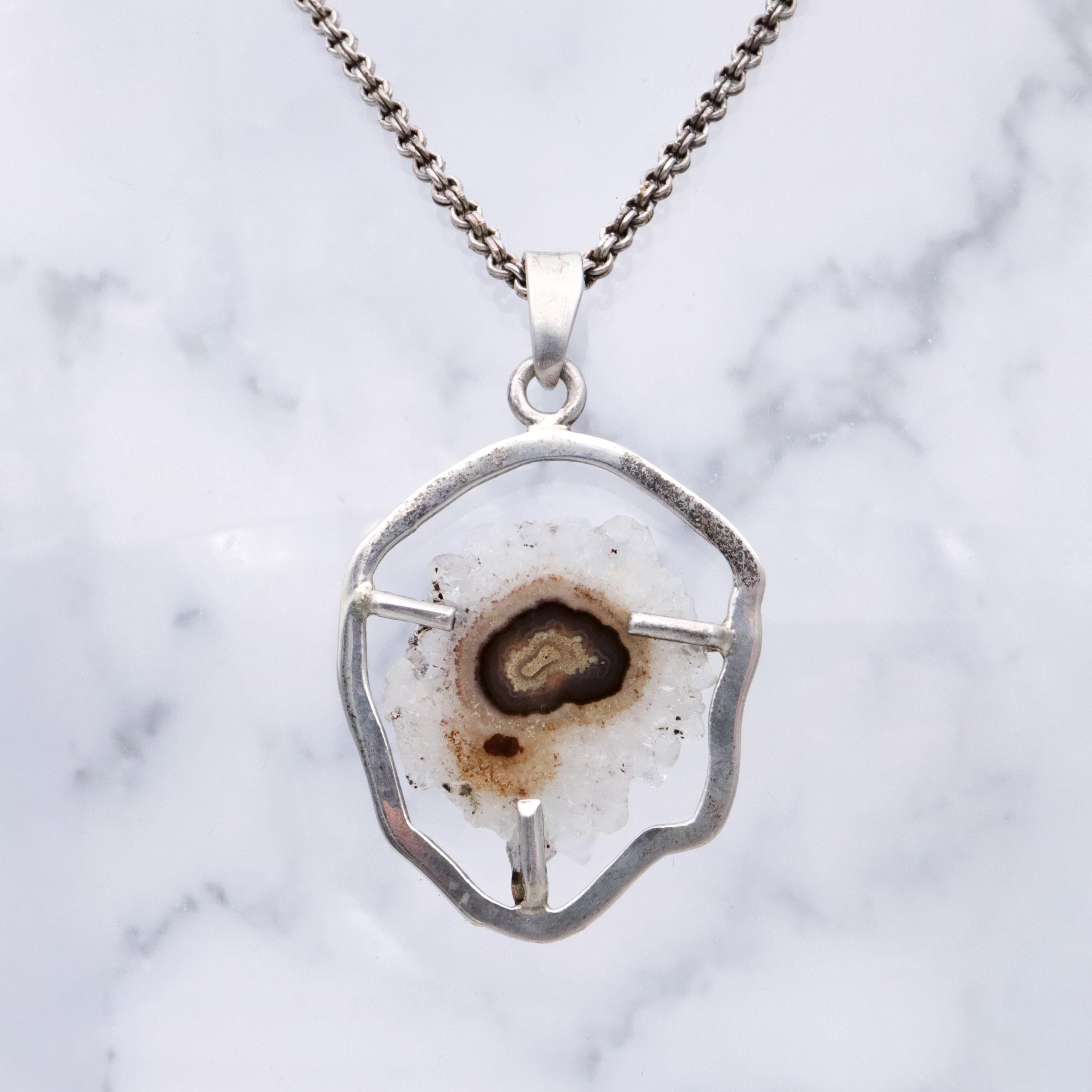 Mid Century handmade banded agate geode sterling necklace