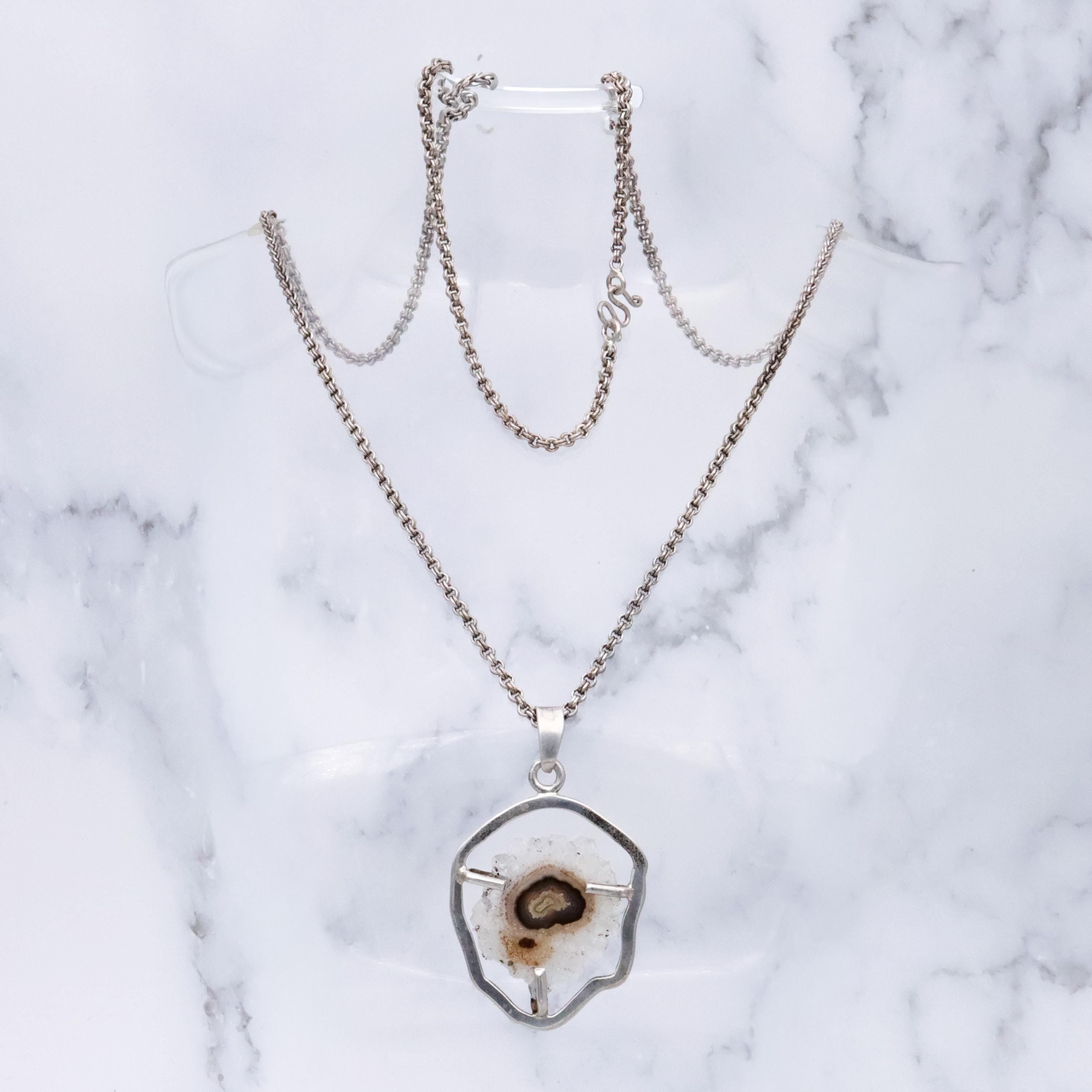 Mid Century handmade banded agate geode sterling necklace