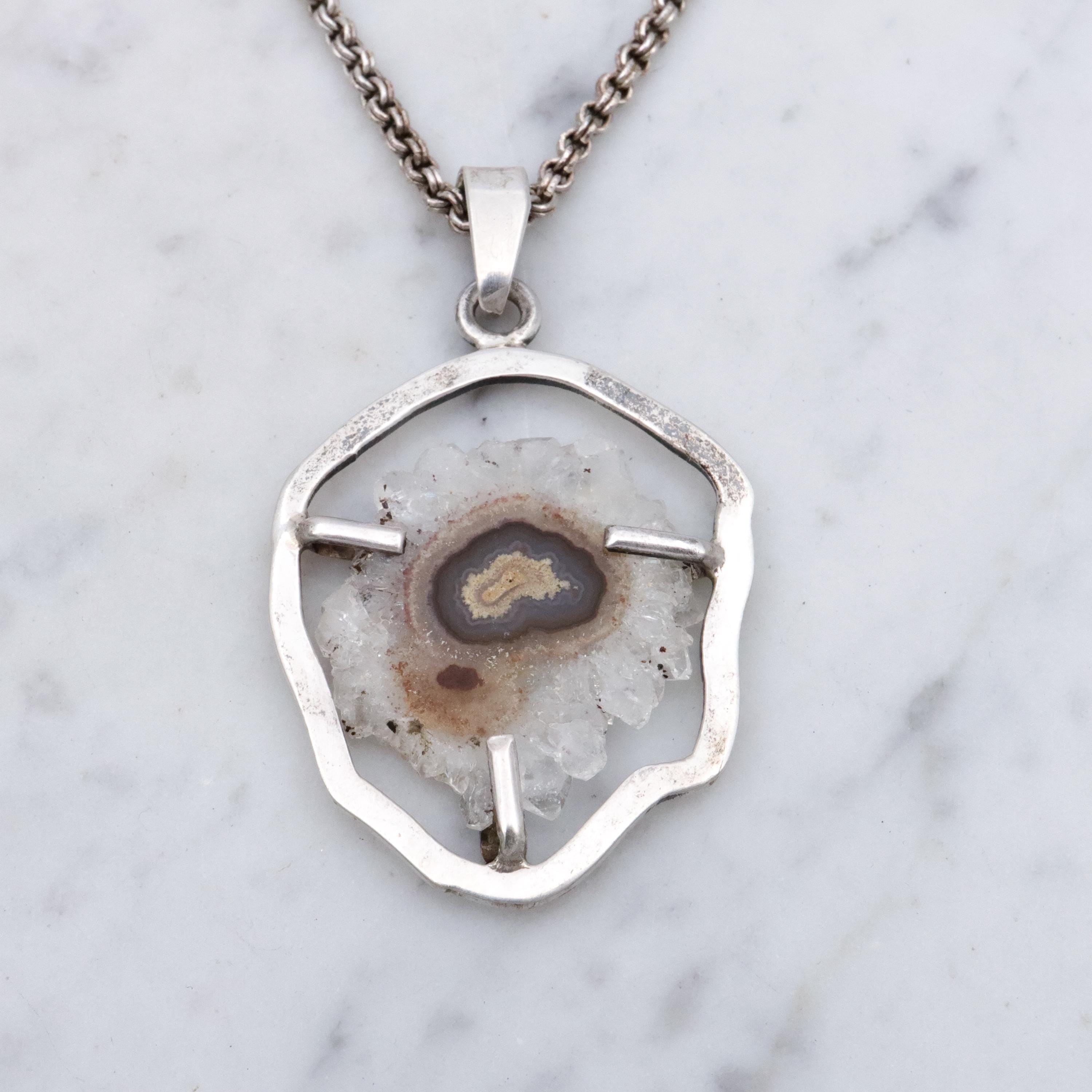 Mid Century handmade banded agate geode sterling necklace