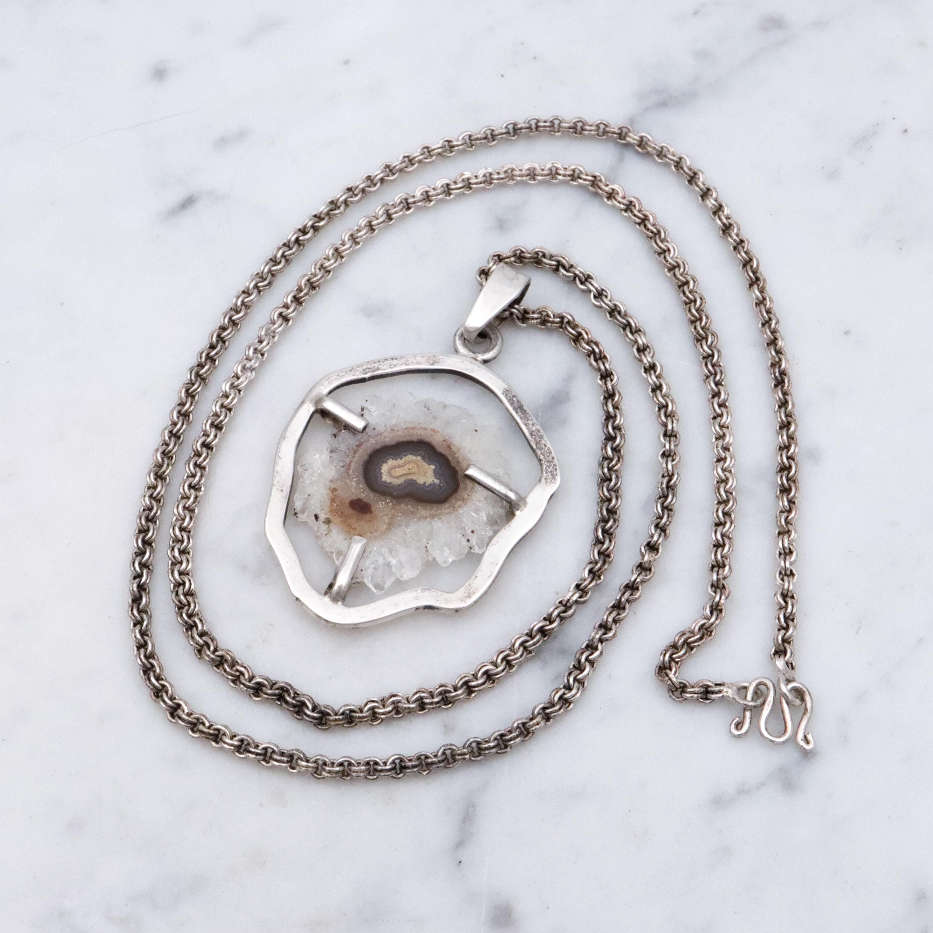 Mid Century handmade banded agate geode sterling necklace