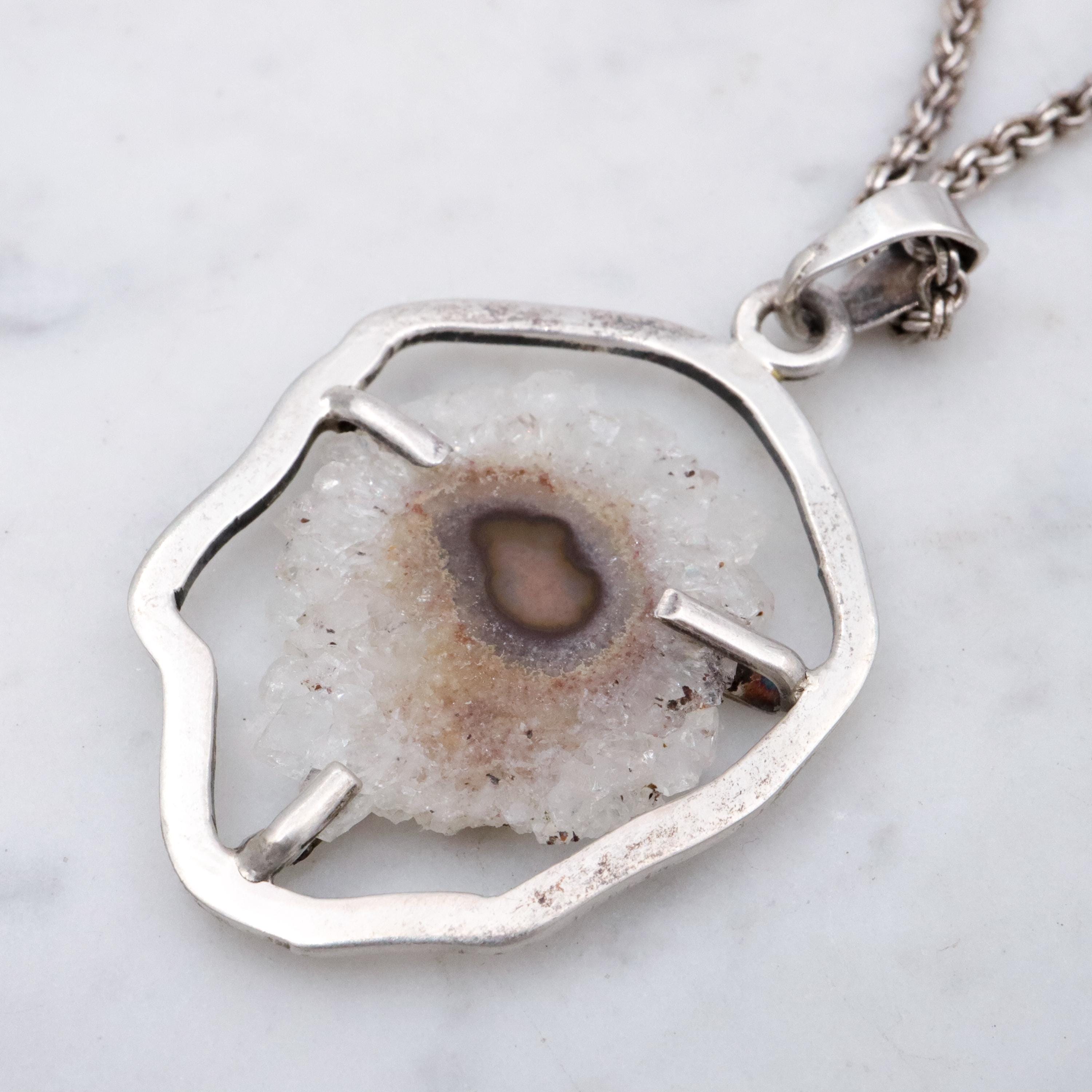 Mid Century handmade banded agate geode sterling necklace
