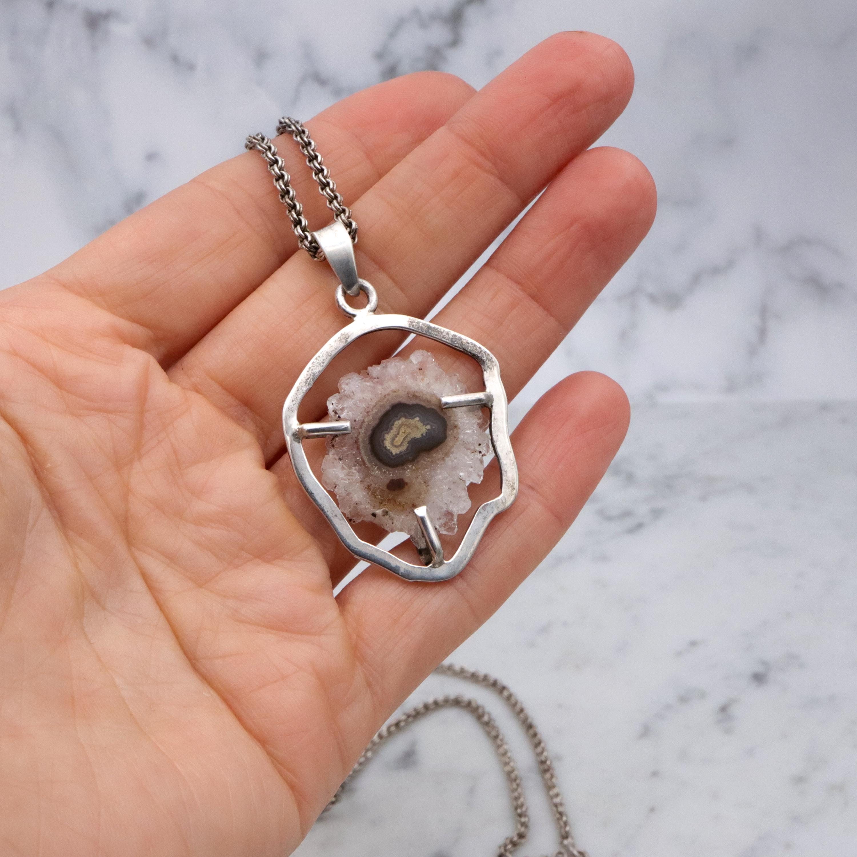 Mid Century handmade banded agate geode sterling necklace