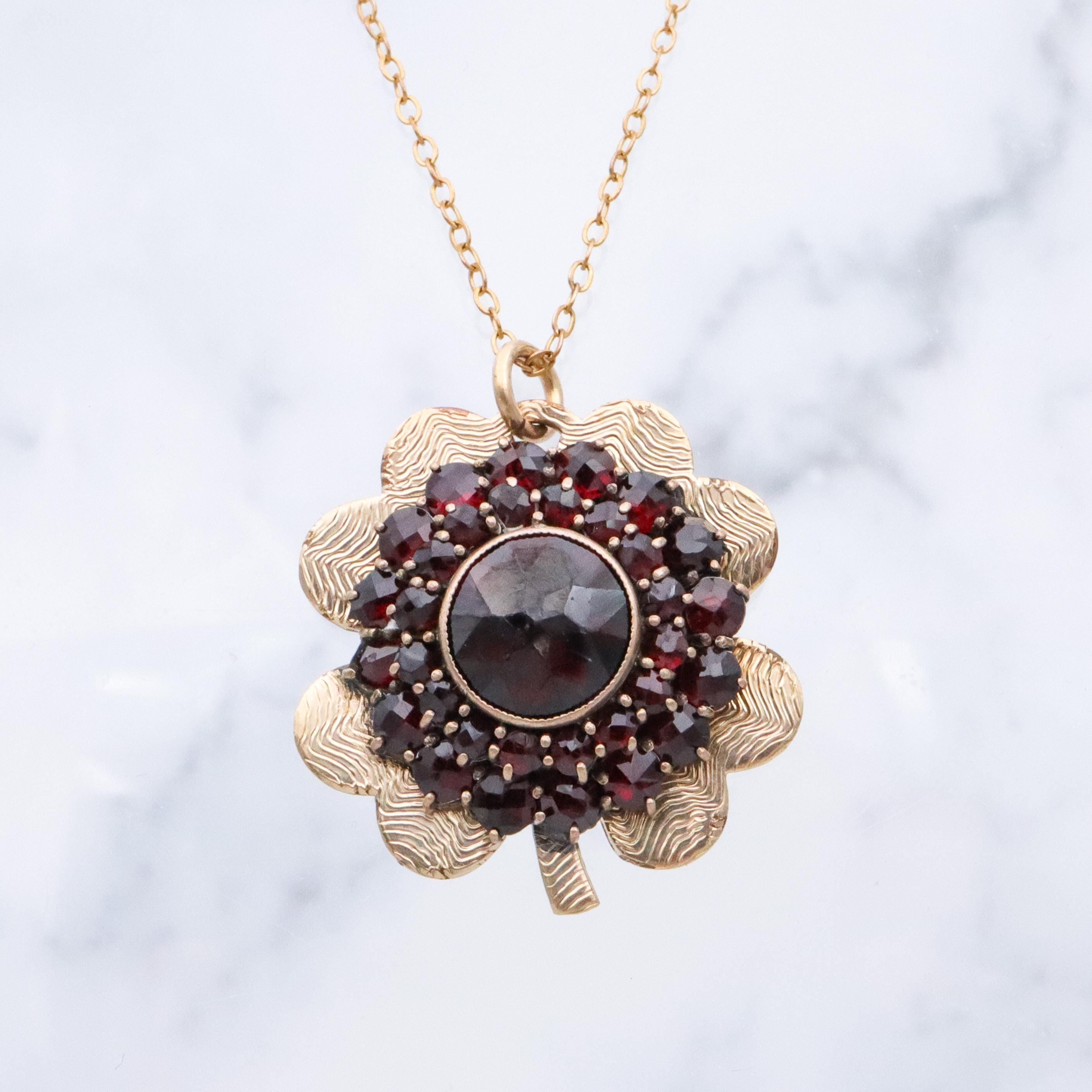 Retro Bohemian garnet gold filled clover pendant