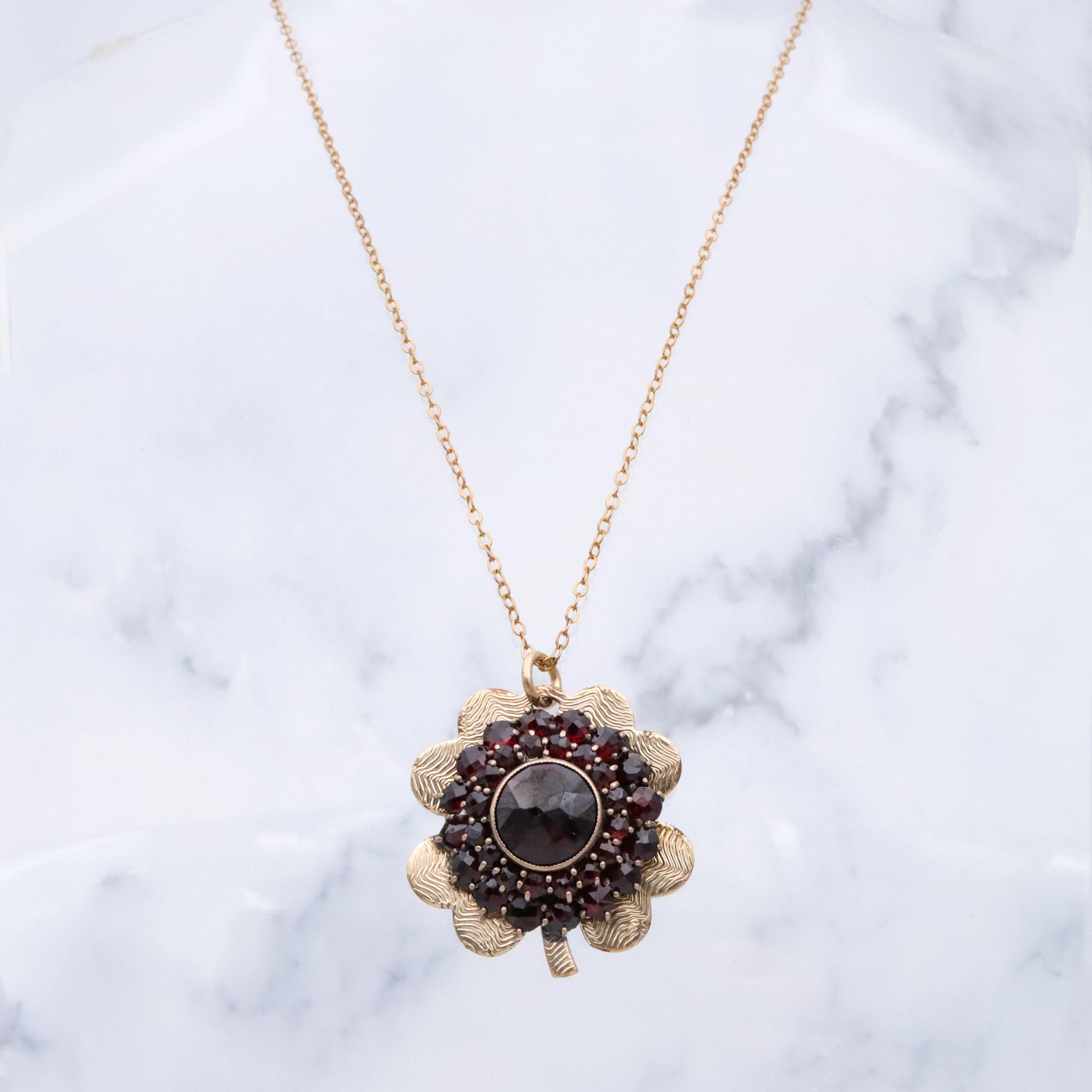 Retro Bohemian garnet gold filled clover pendant