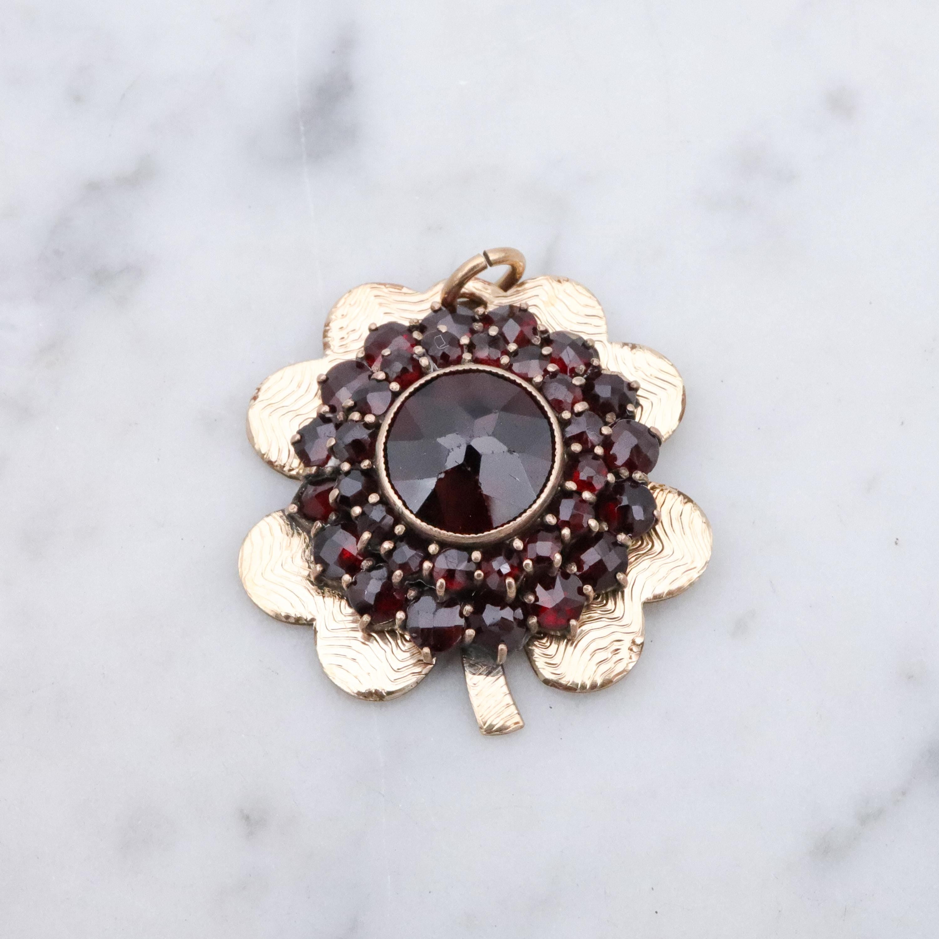 Retro Bohemian garnet gold filled clover pendant