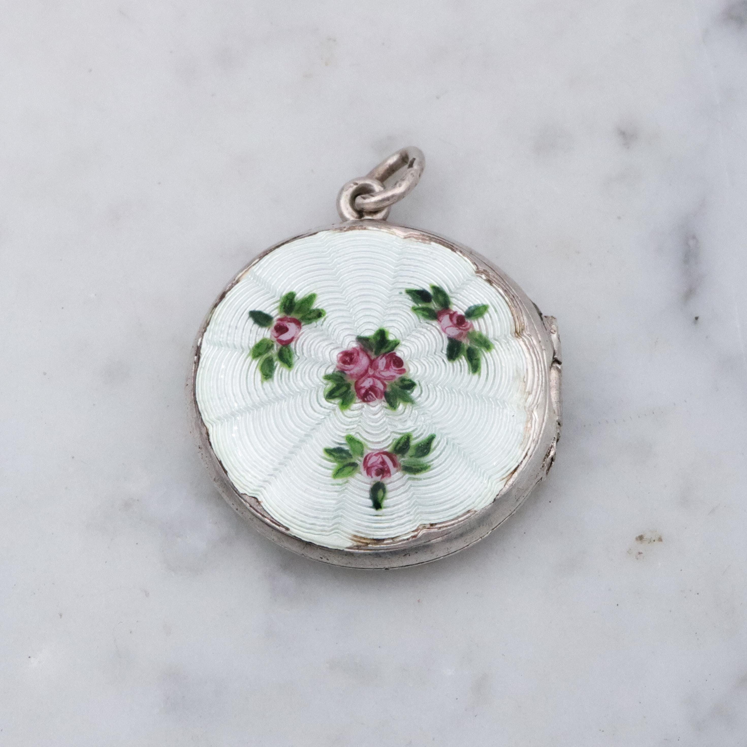 Edwardian sterling white enamel rosebud round locket pendant by John Atkins & Son