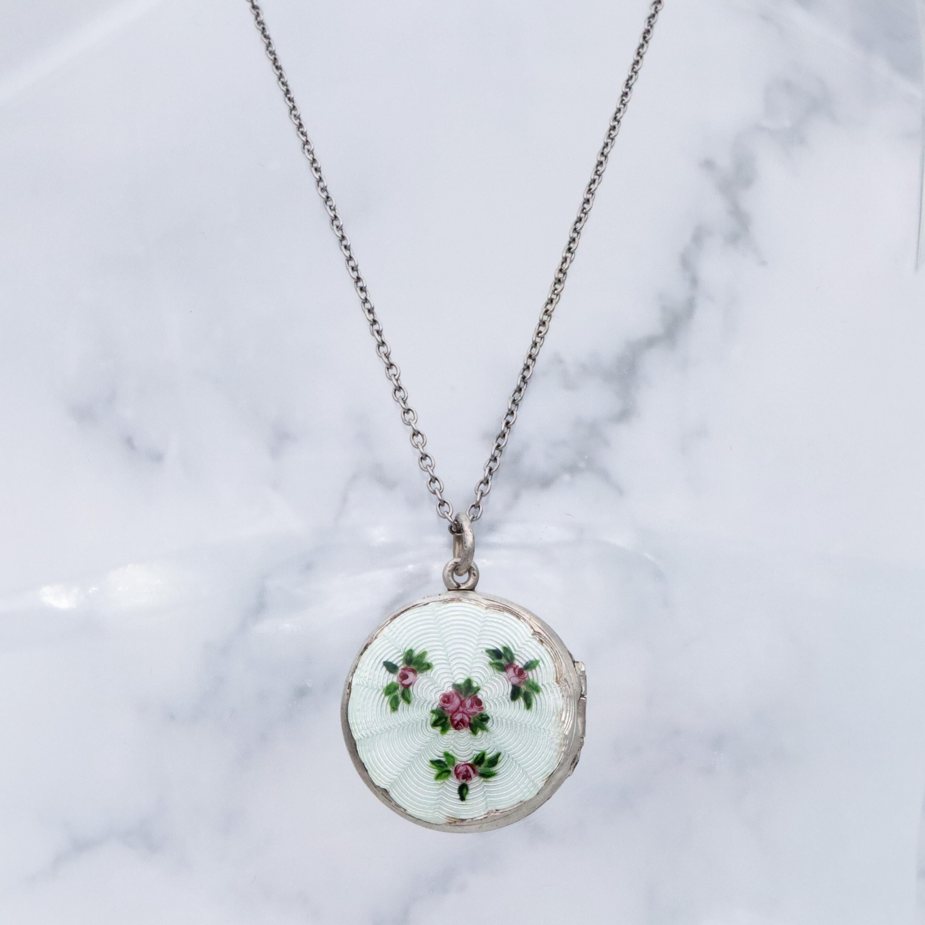 Edwardian sterling white enamel rosebud round locket pendant by John Atkins & Son