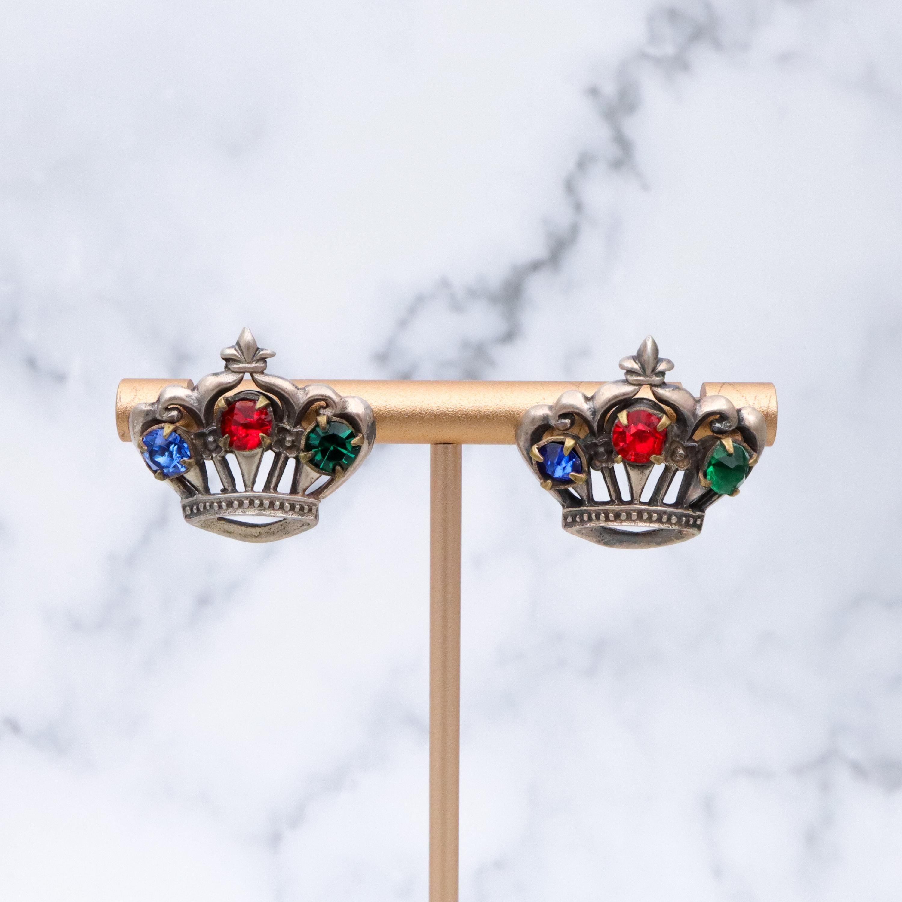 Vintage figural crown rhinestone sterling earrings