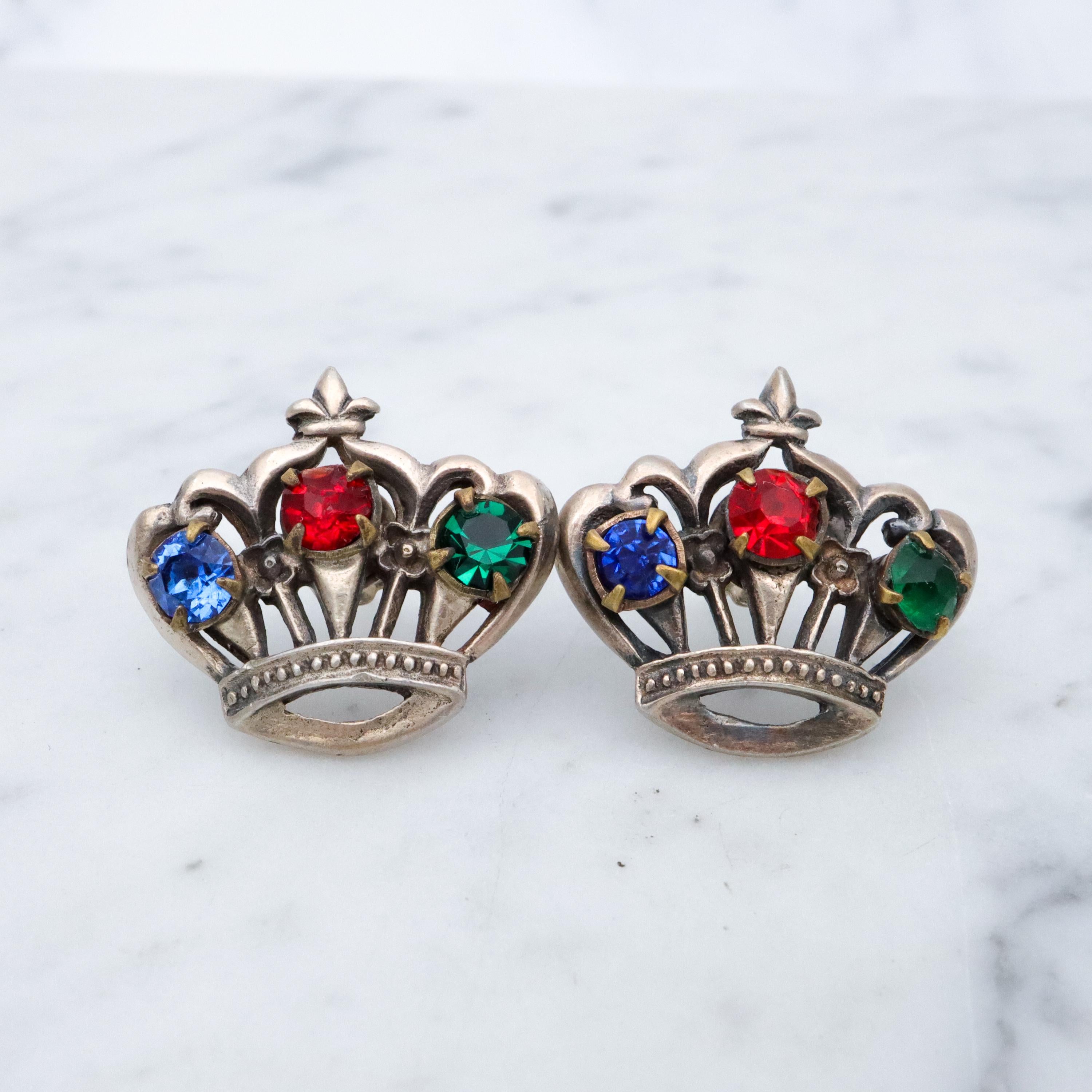 Vintage figural crown rhinestone sterling earrings