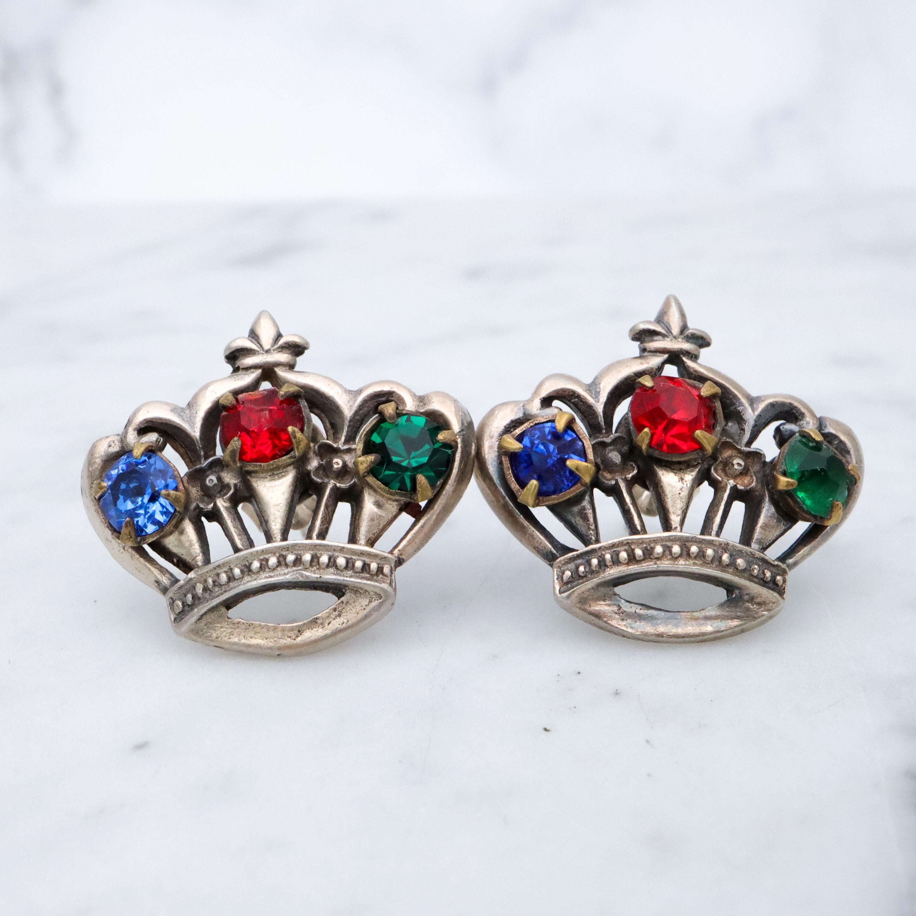Vintage figural crown rhinestone sterling earrings
