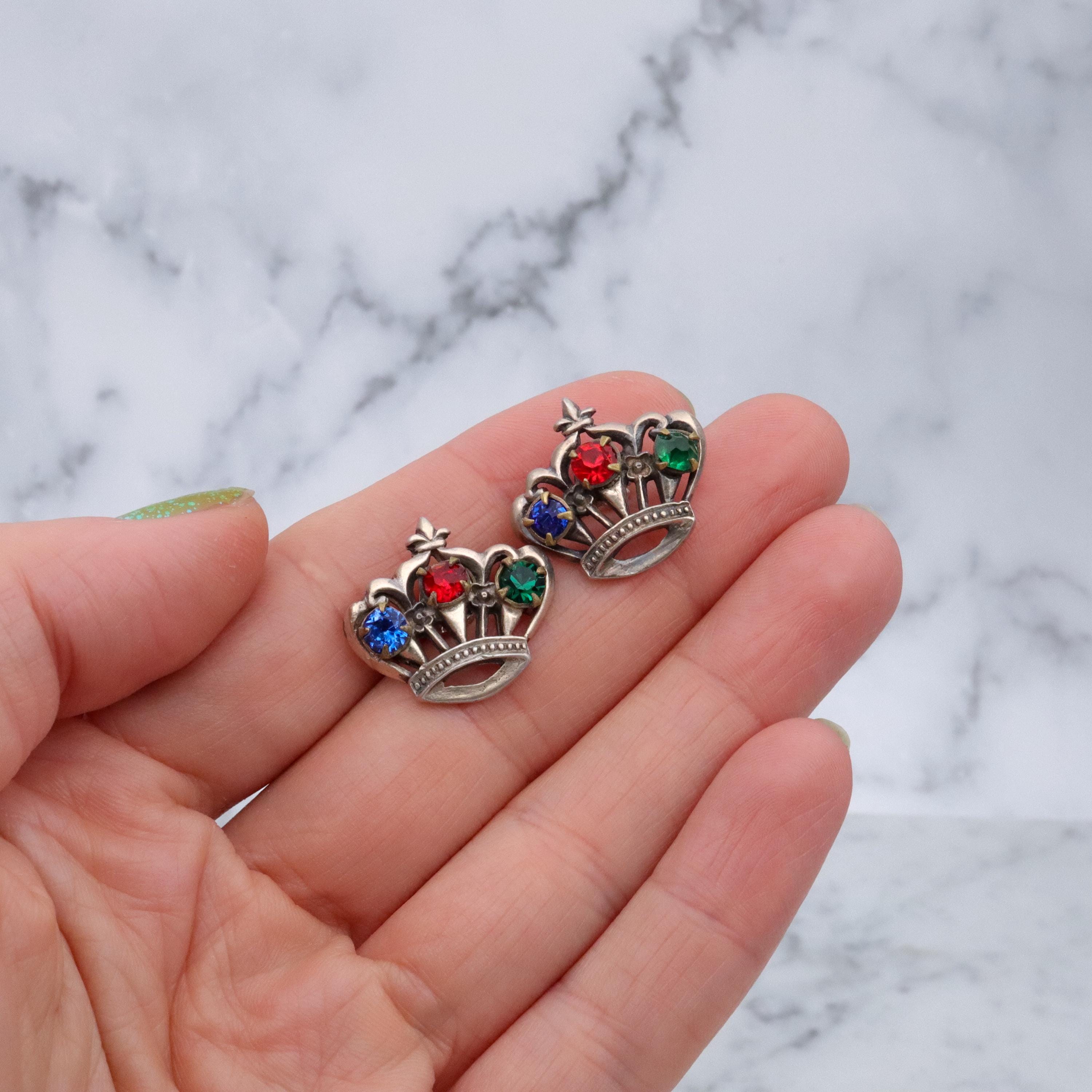 Vintage figural crown rhinestone sterling earrings