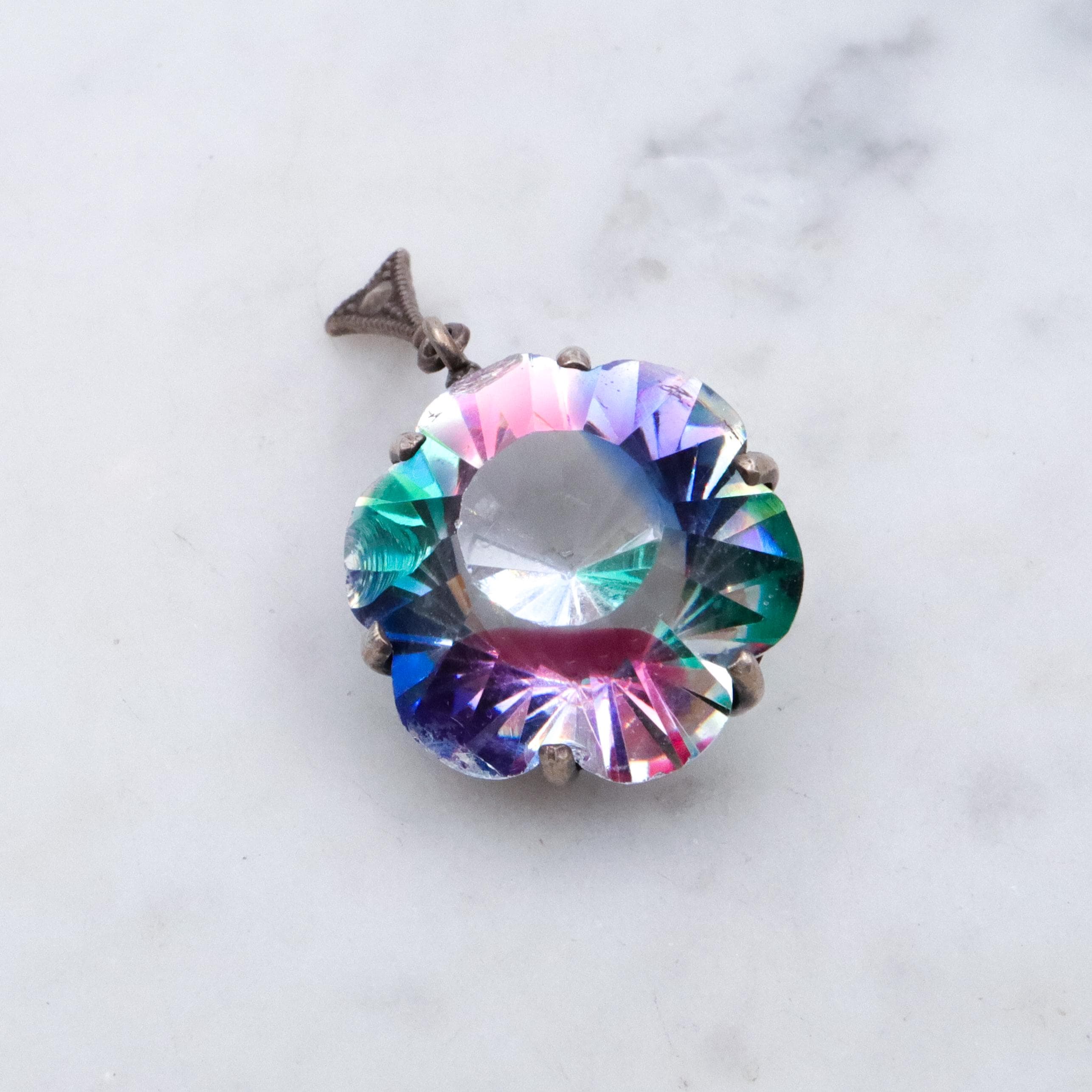 German Deco silver rainbow iris glass flower drop pendant