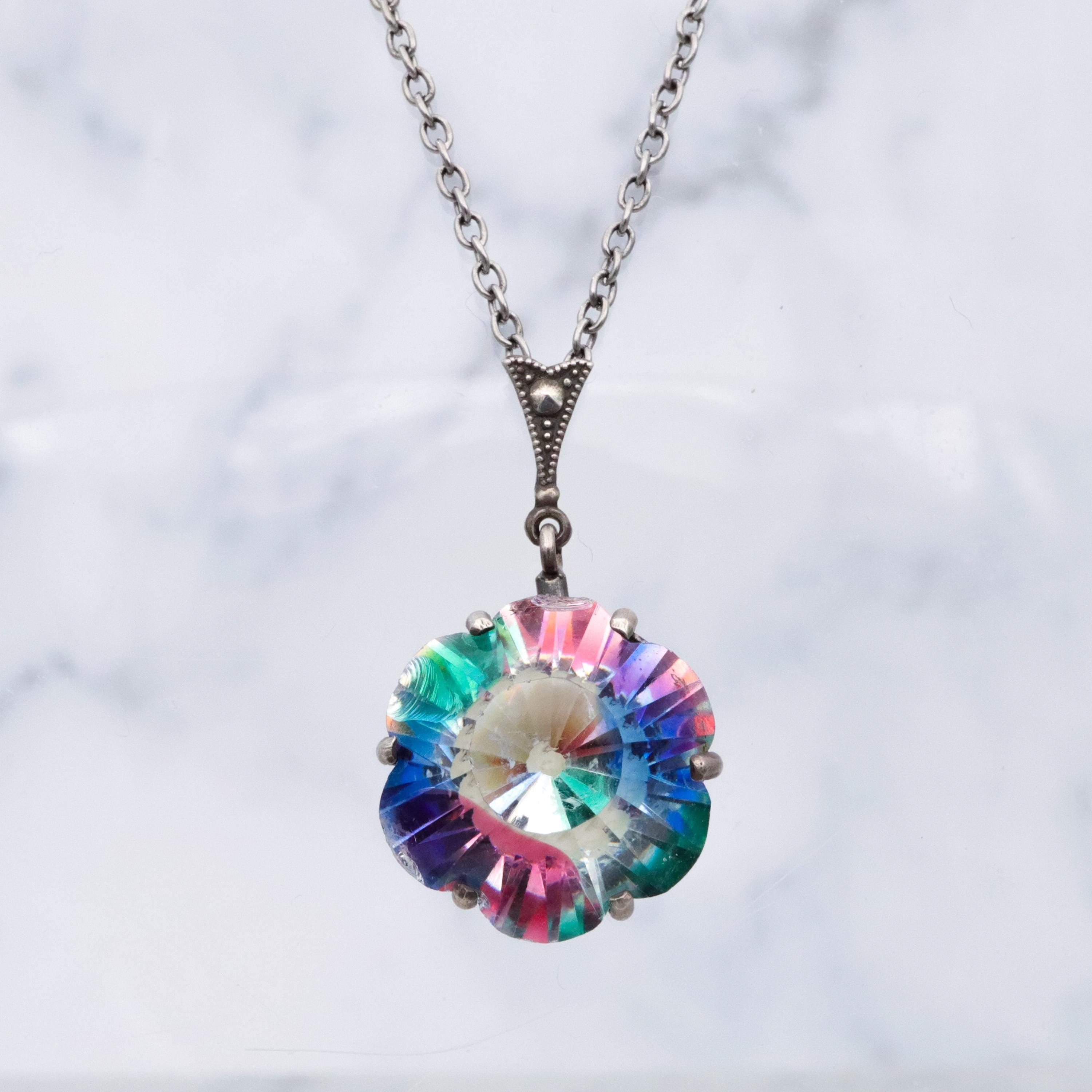 German Deco silver rainbow iris glass flower drop pendant