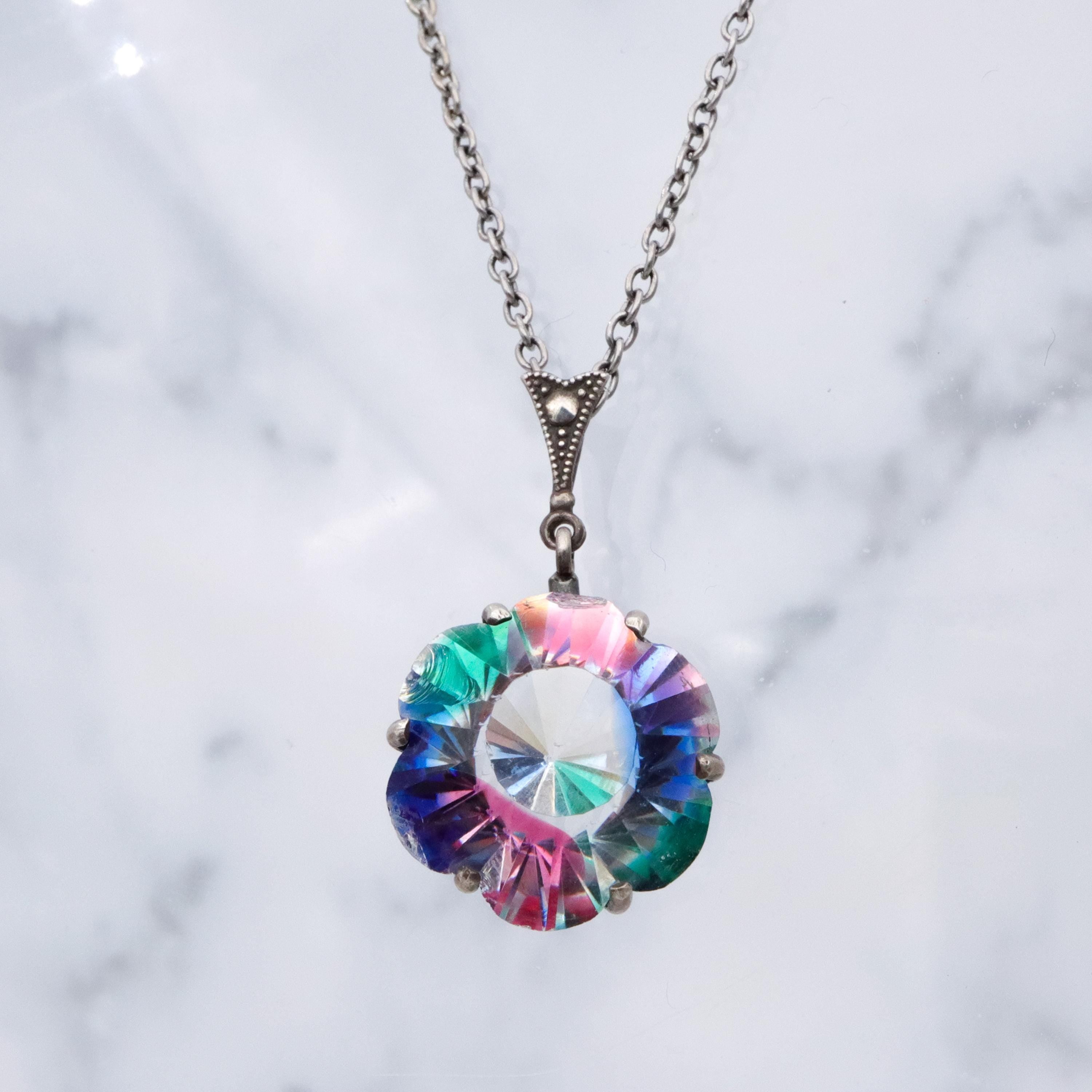 German Deco silver rainbow iris glass flower drop pendant