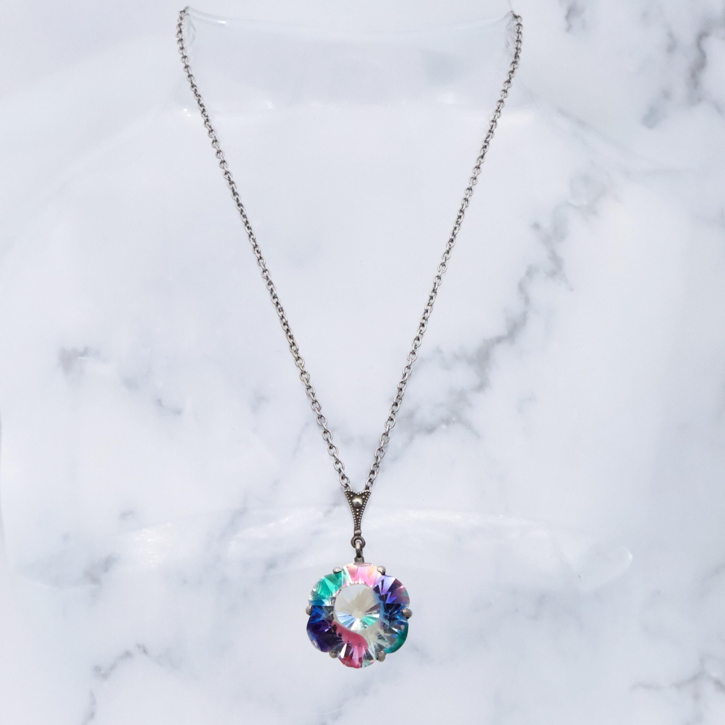 German Deco silver rainbow iris glass flower drop pendant
