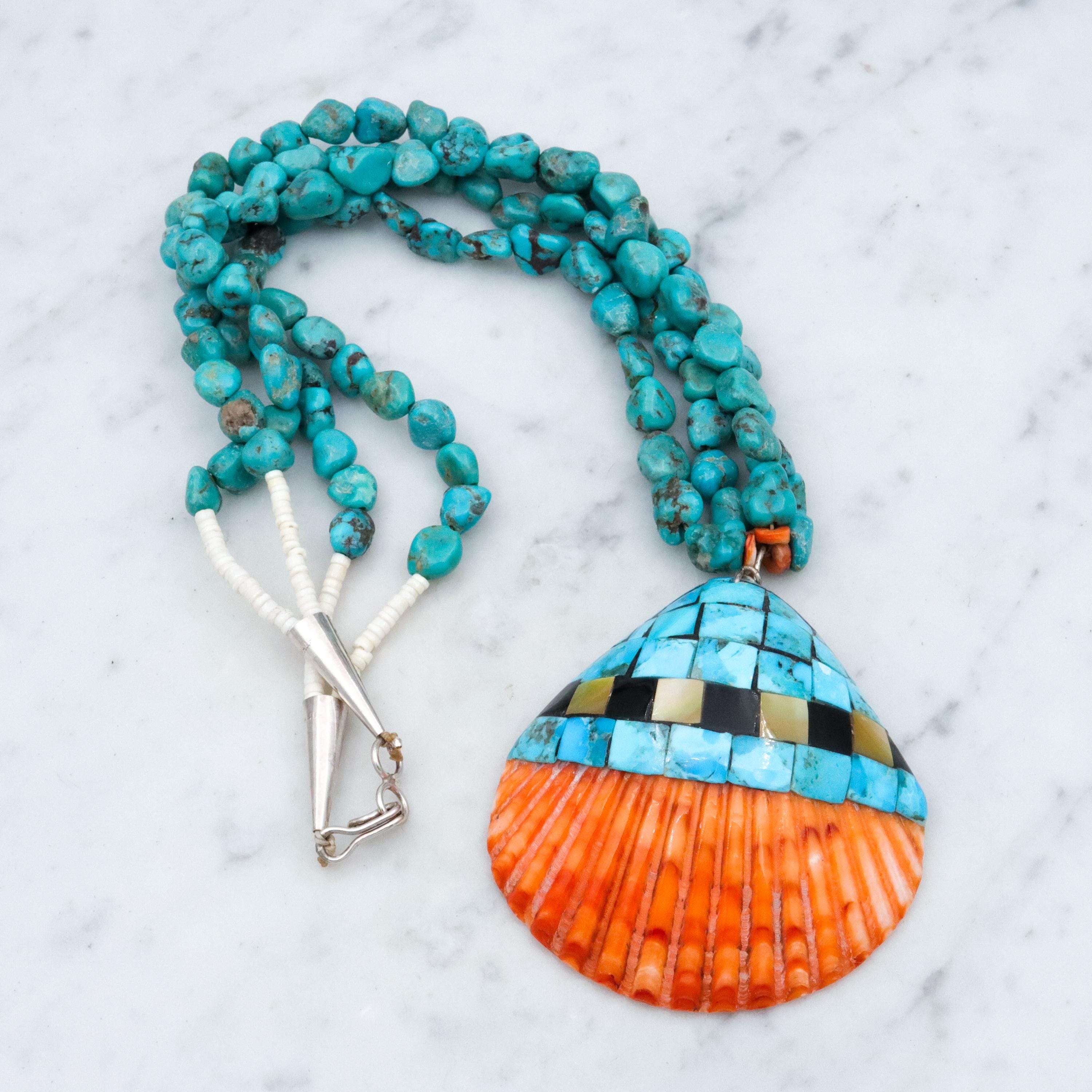 Vintage Santo Domingo mosaic inlay shell & turquoise bead necklace