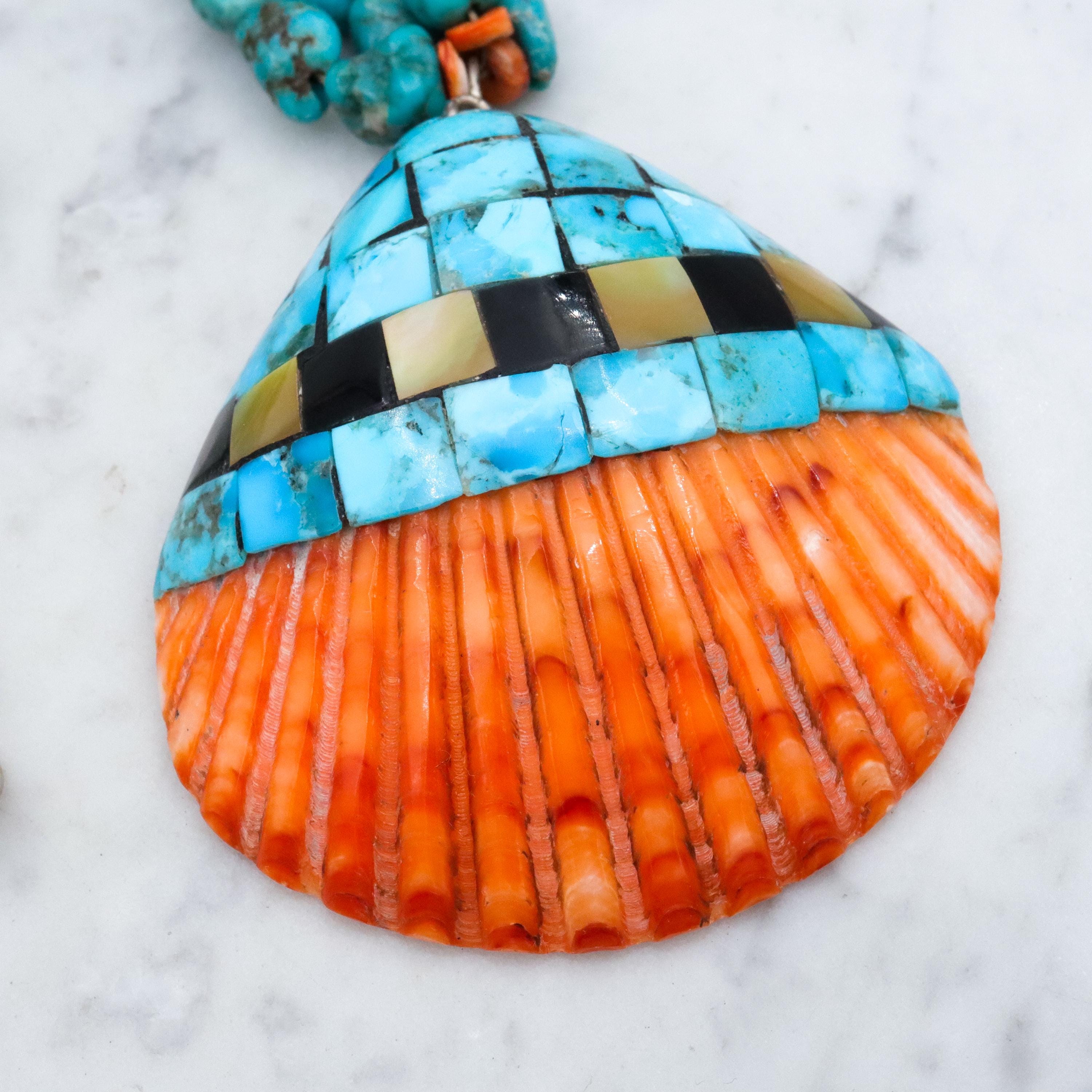 Vintage Santo Domingo mosaic inlay shell & turquoise bead necklace