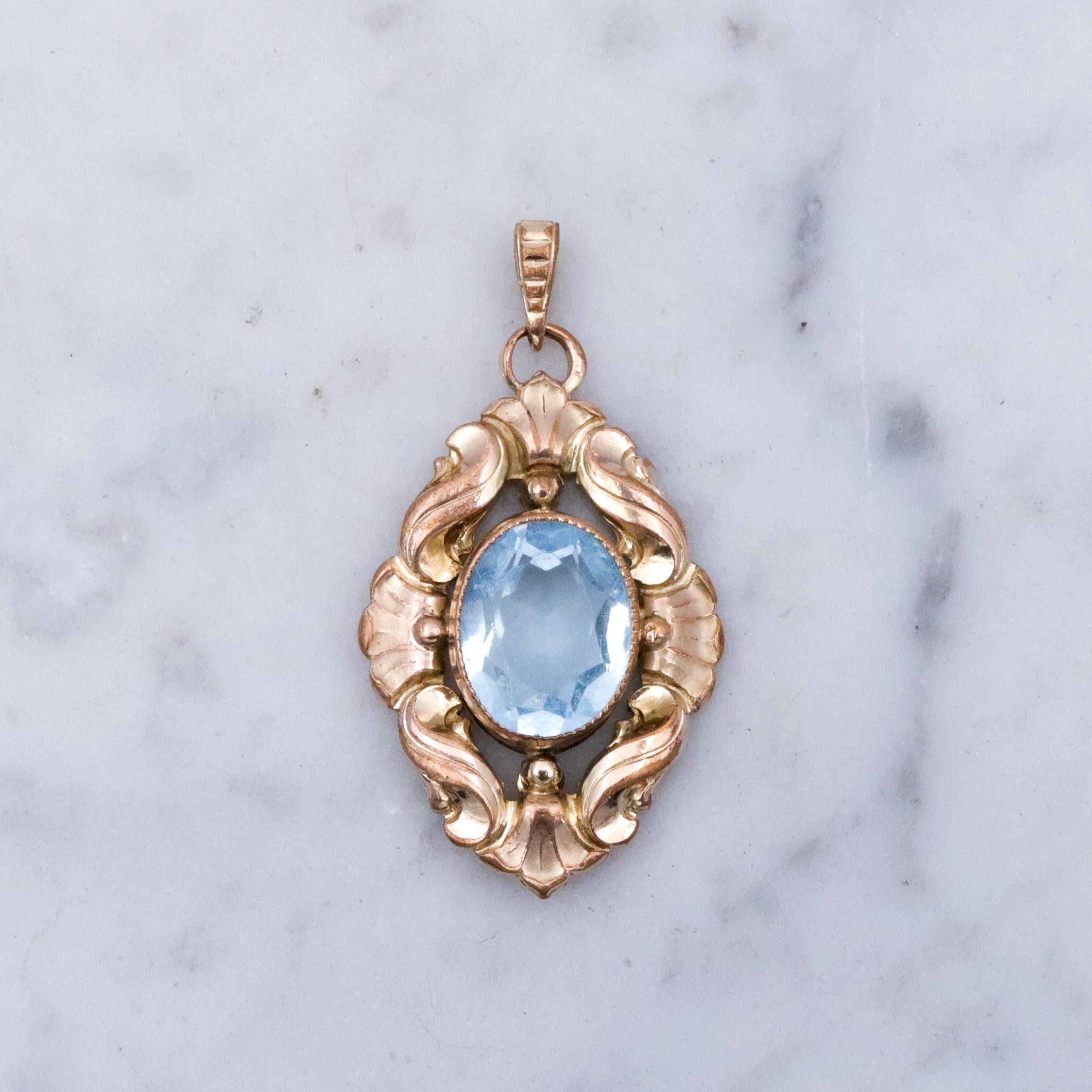 1930s Kollmar & Jourdan rolled gold aqua glass Rococo pendant