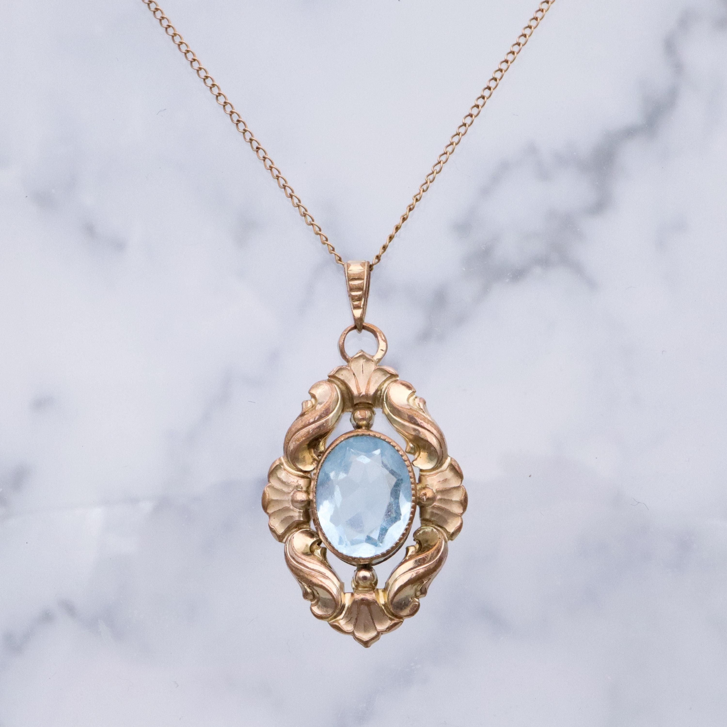 1930s Kollmar & Jourdan rolled gold aqua glass Rococo pendant