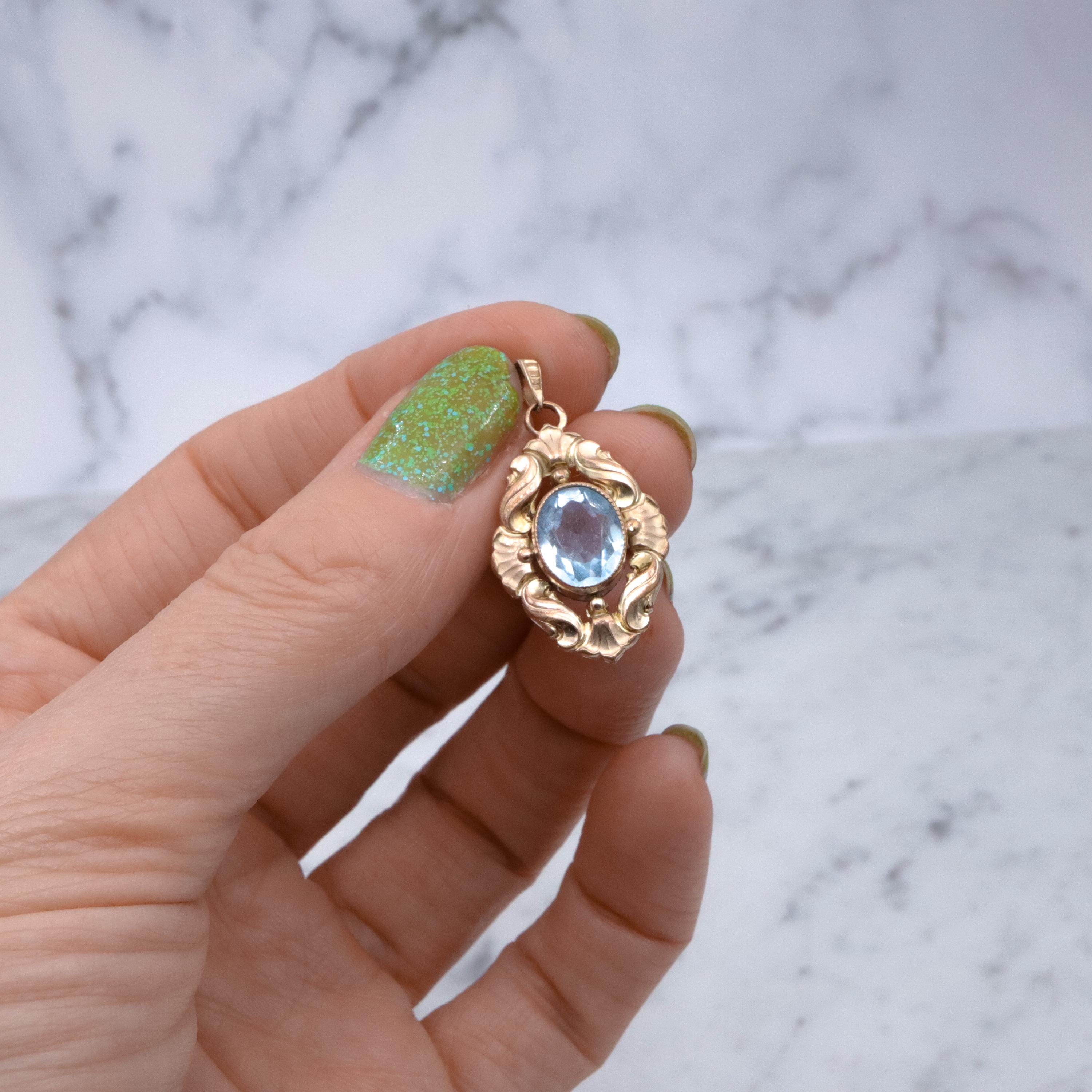 1930s Kollmar & Jourdan rolled gold aqua glass Rococo pendant