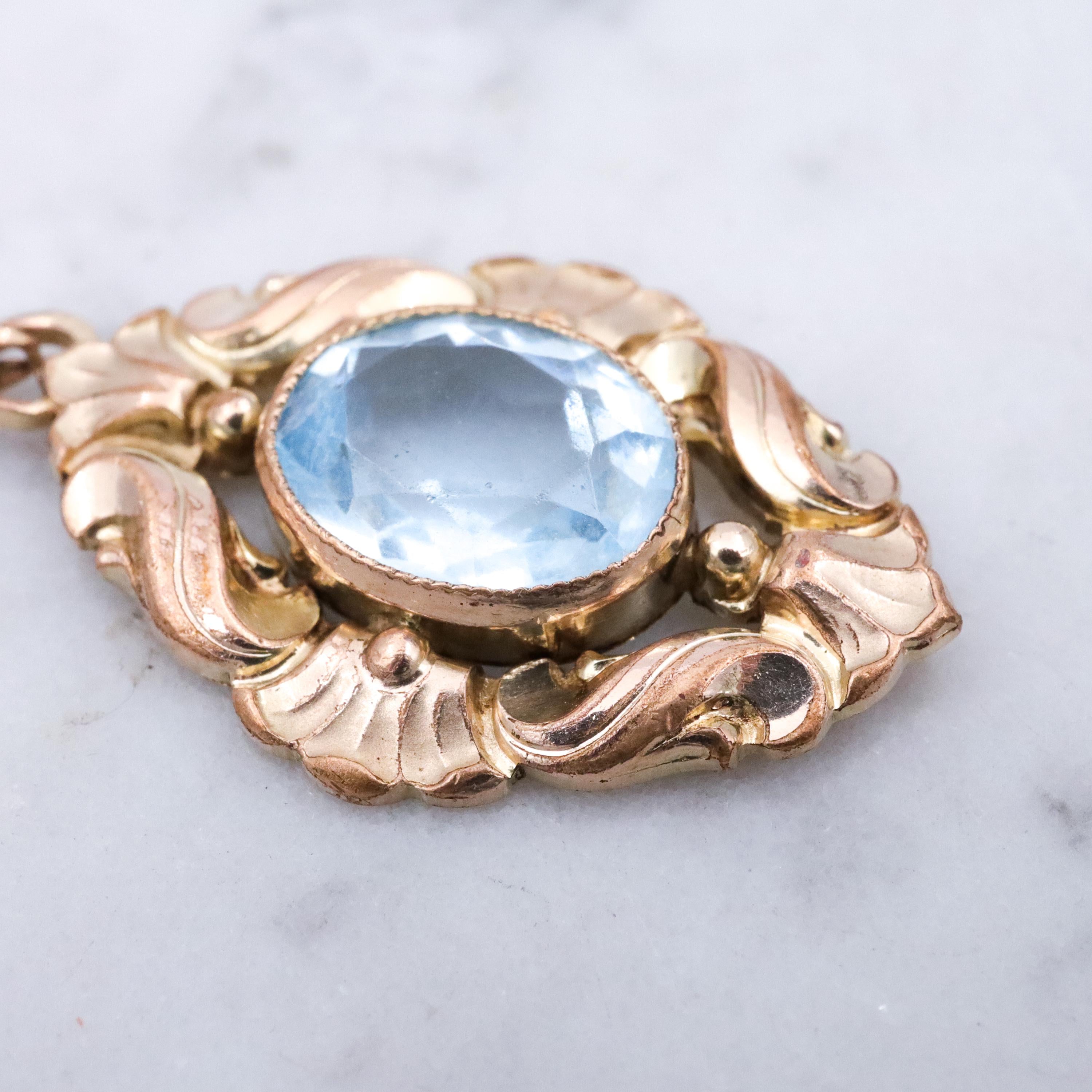 1930s Kollmar & Jourdan rolled gold aqua glass Rococo pendant