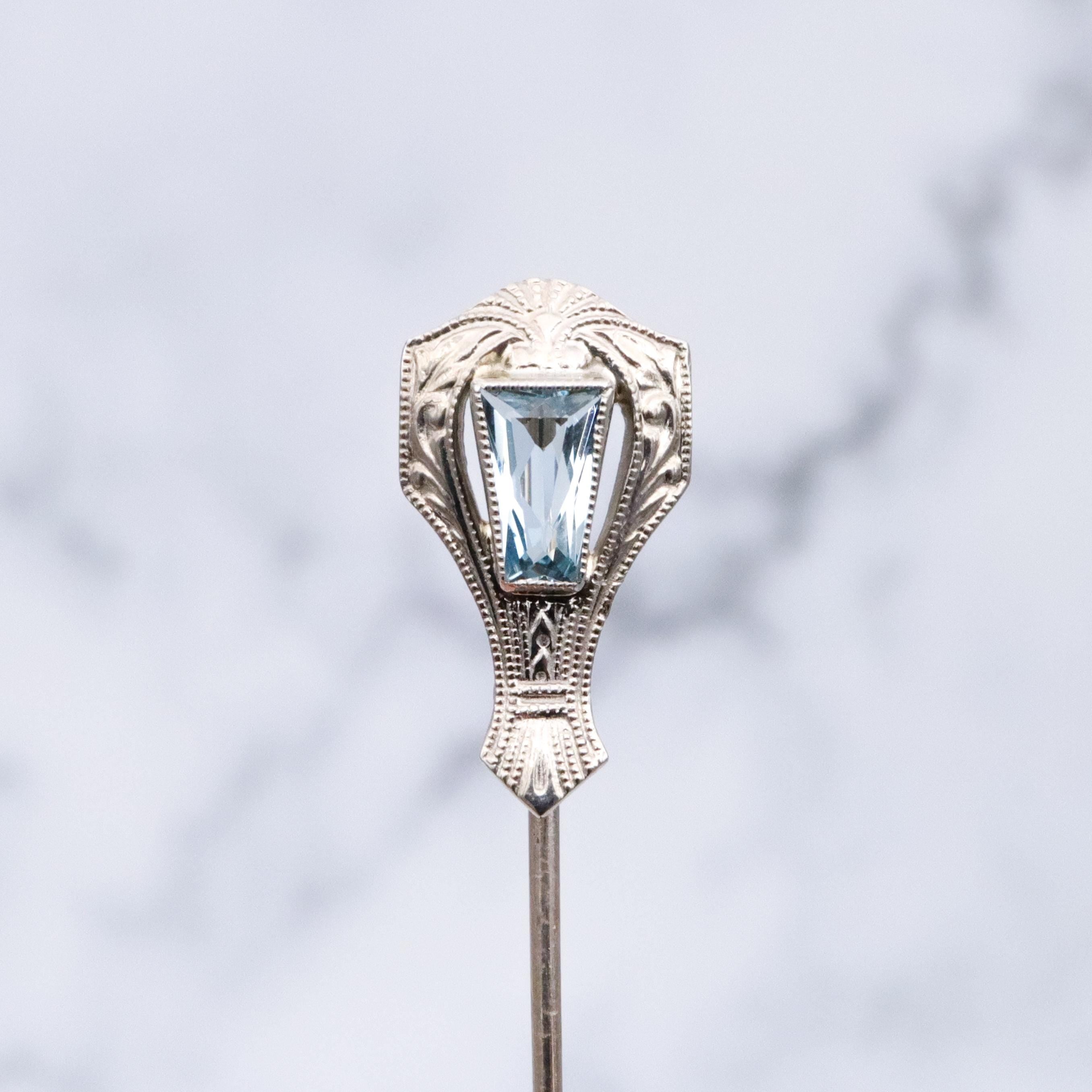 Antique Art Deco Belais 14k white gold aquamarine stick pin