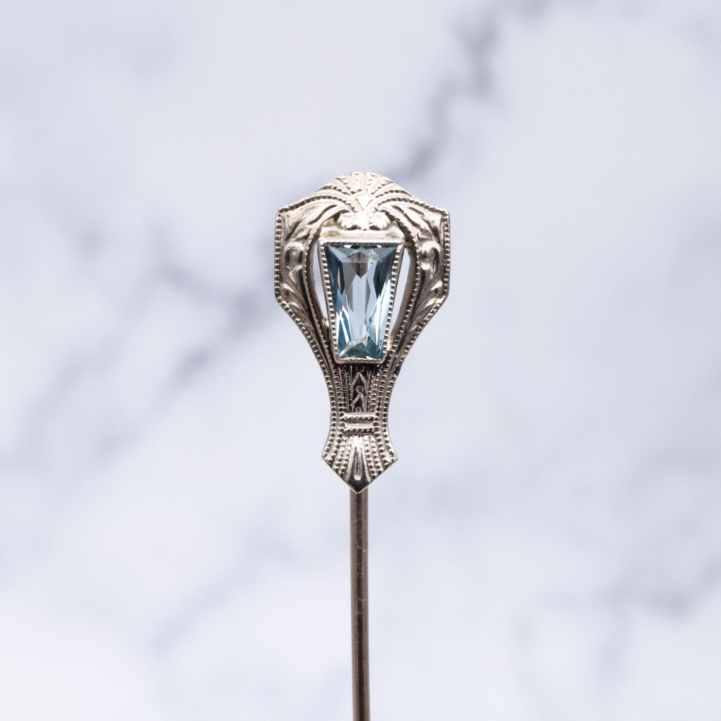 Antique Art Deco Belais 14k white gold aquamarine stick pin