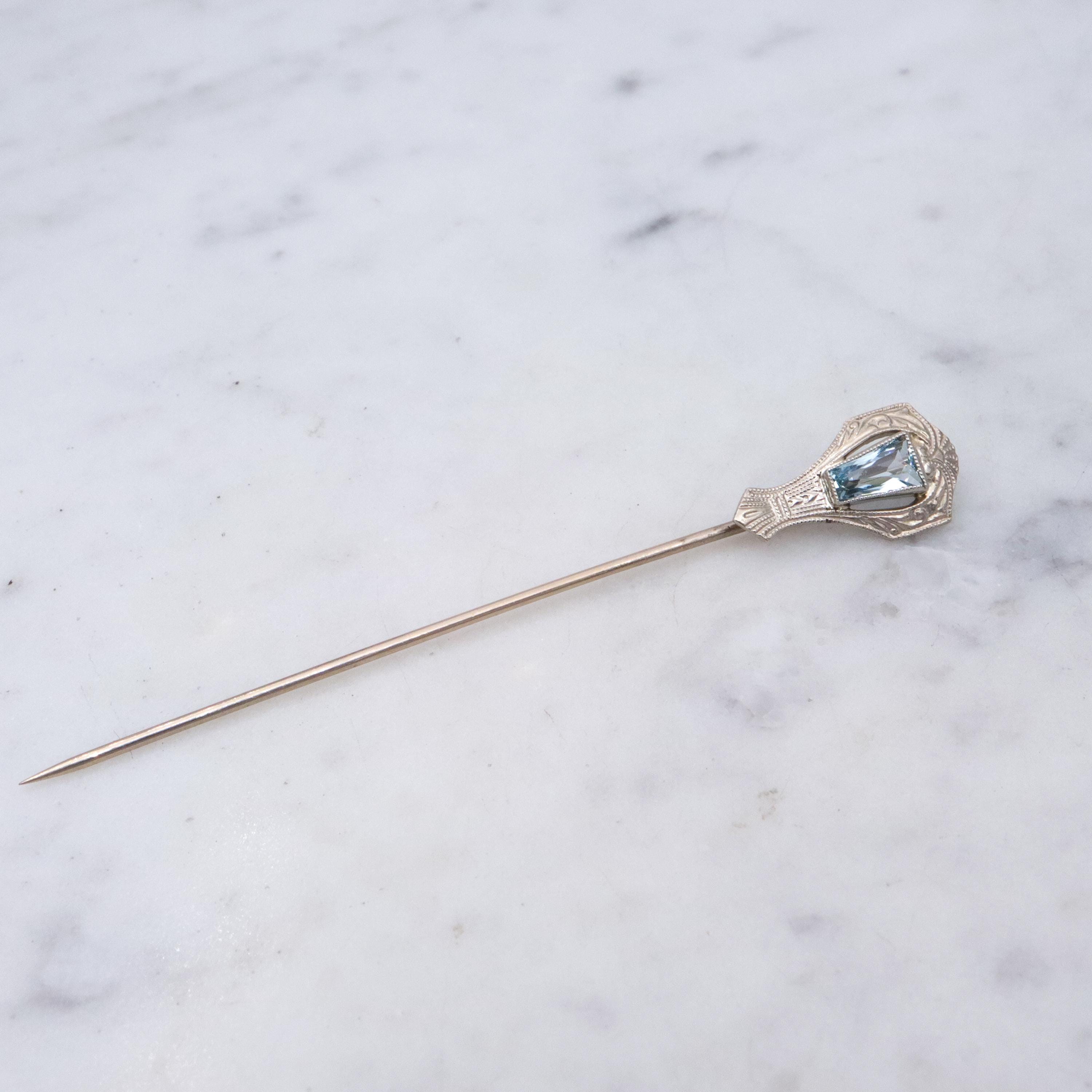 Antique Art Deco Belais 14k white gold aquamarine stick pin