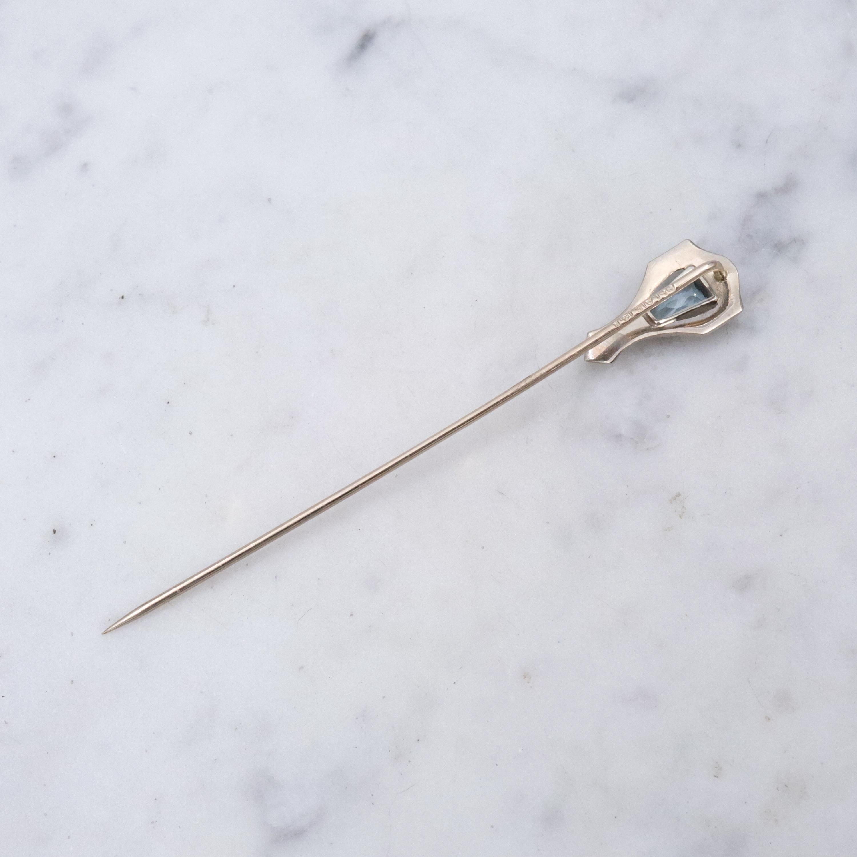 Antique Art Deco Belais 14k white gold aquamarine stick pin