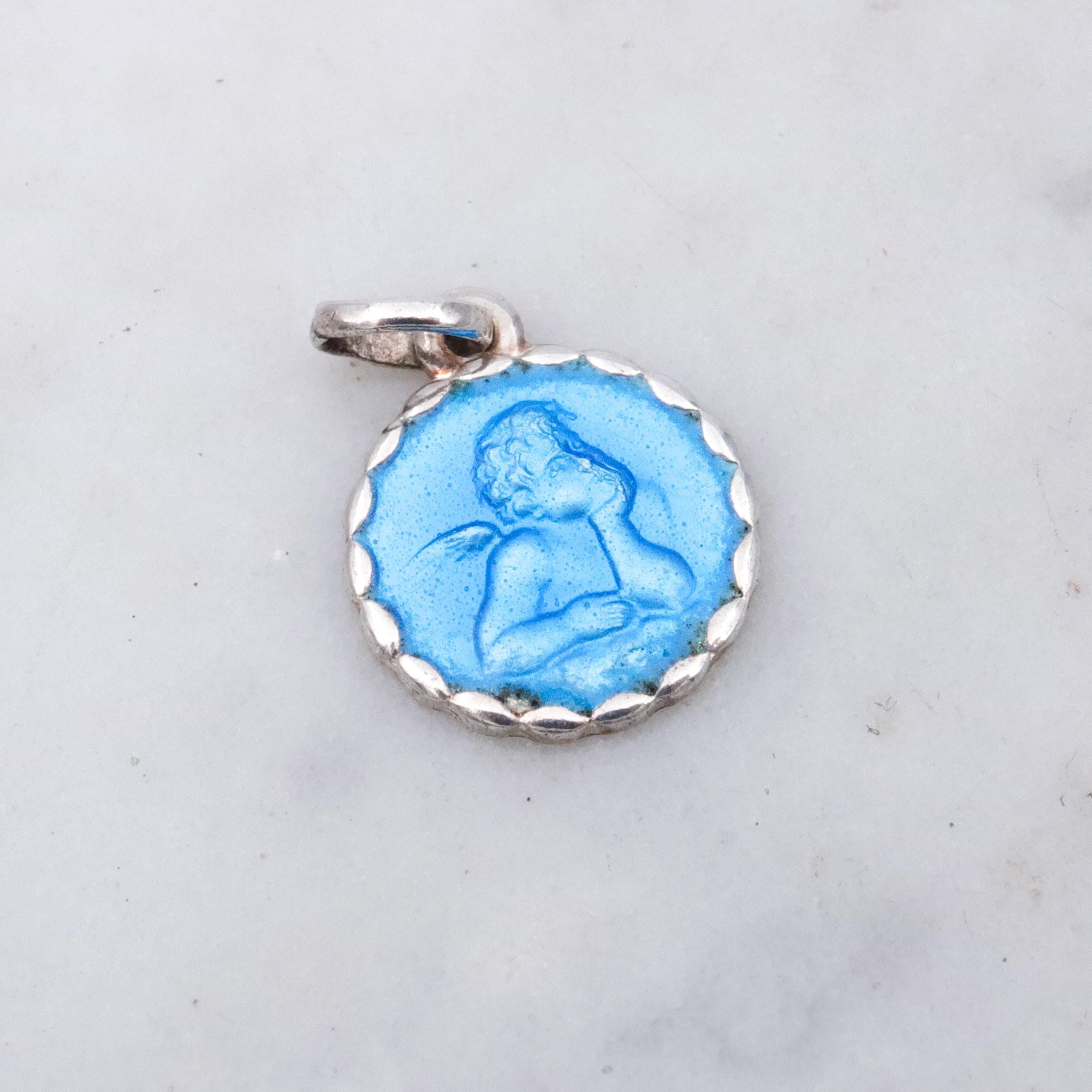 Antique German sterling blue enamel guardian angel medallion charm