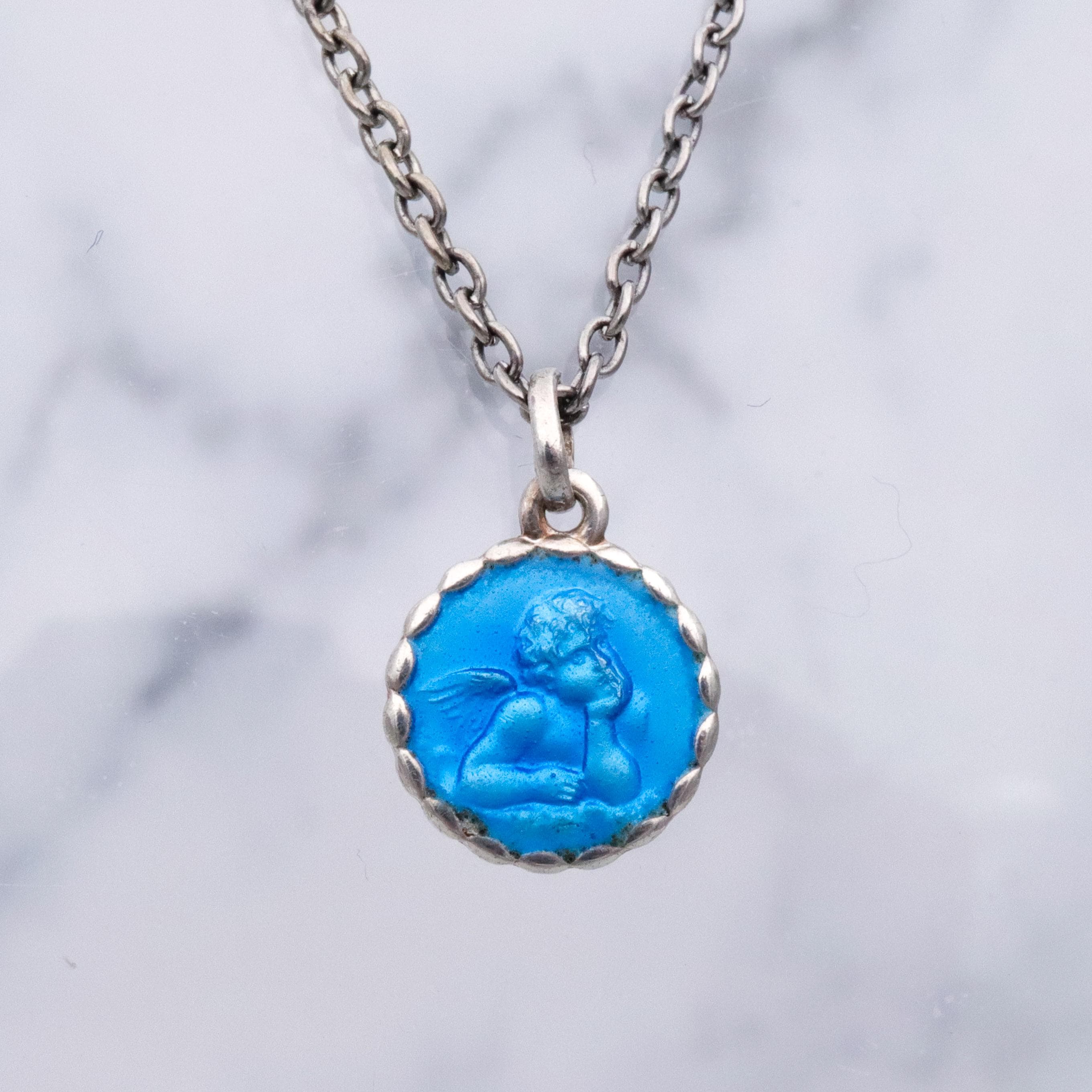 Antique German sterling blue enamel guardian angel medallion charm
