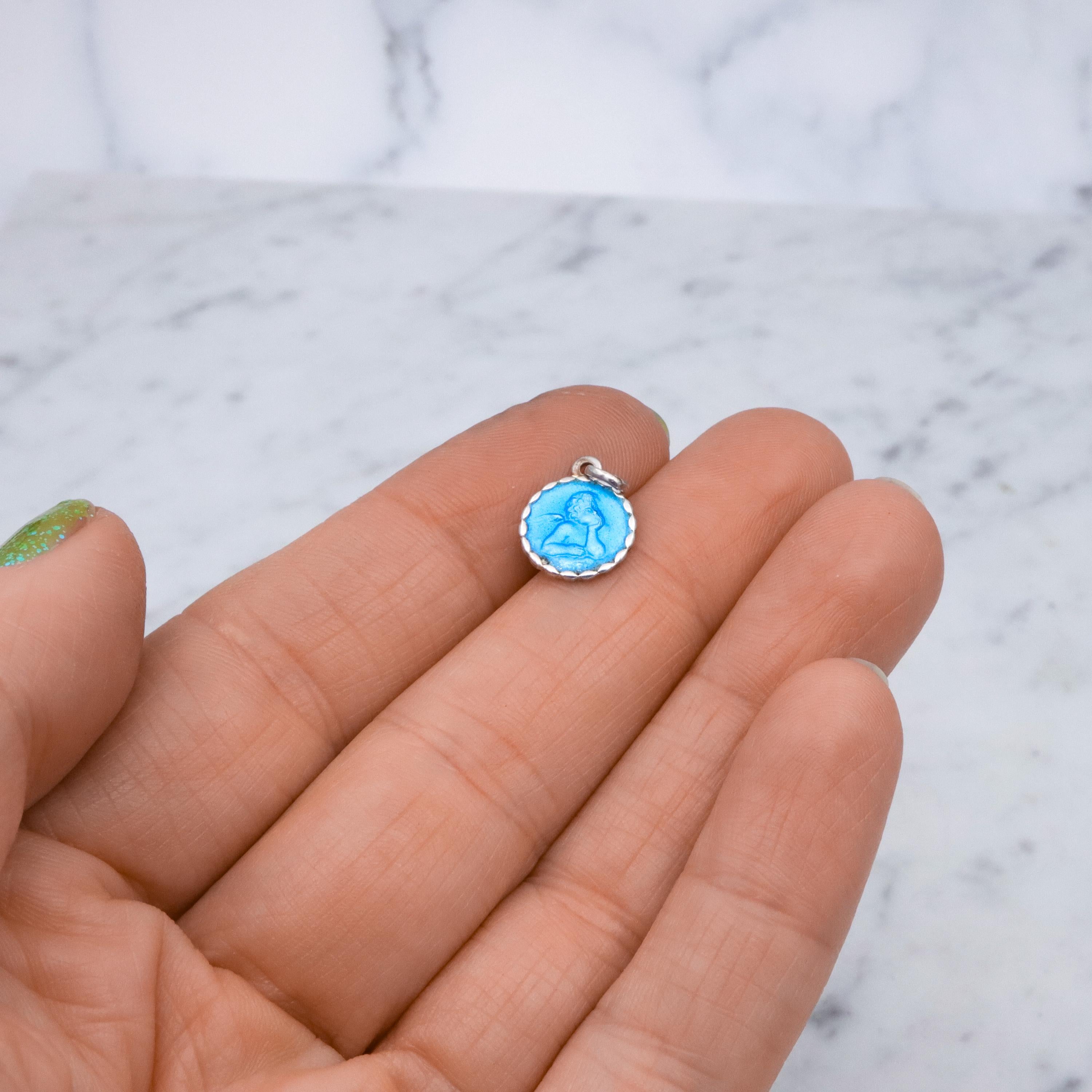 Antique German sterling blue enamel guardian angel medallion charm