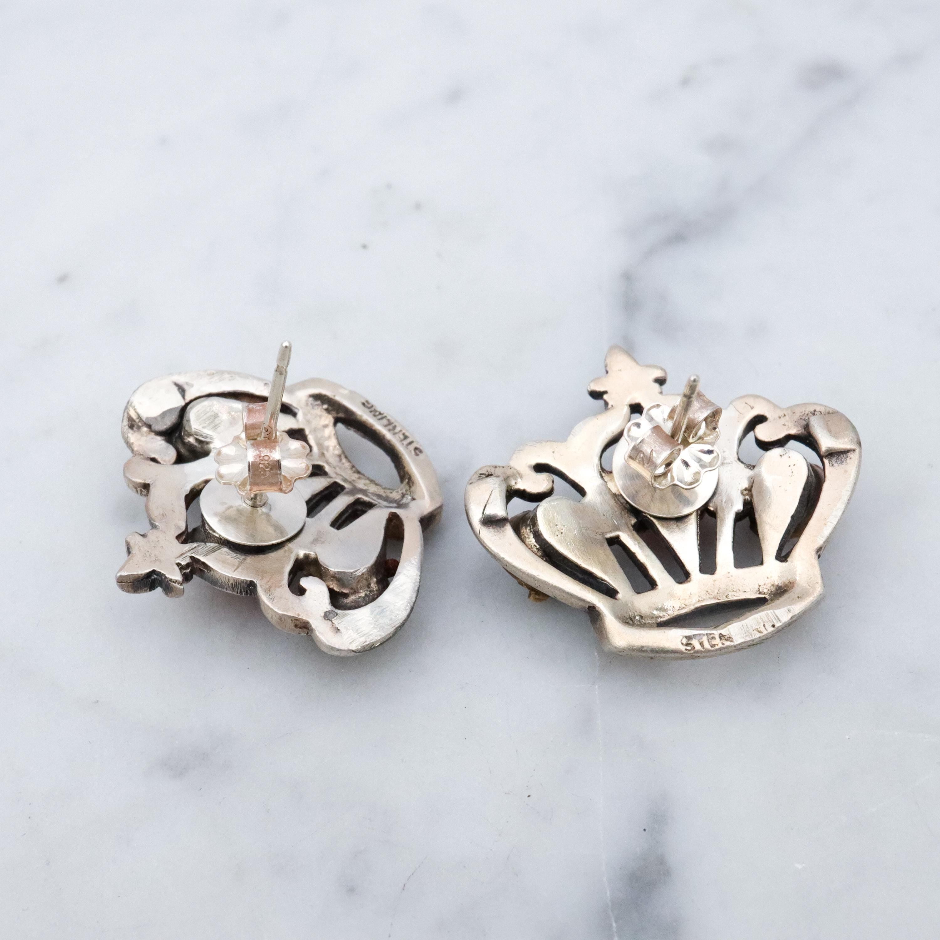 Vintage figural crown rhinestone sterling earrings