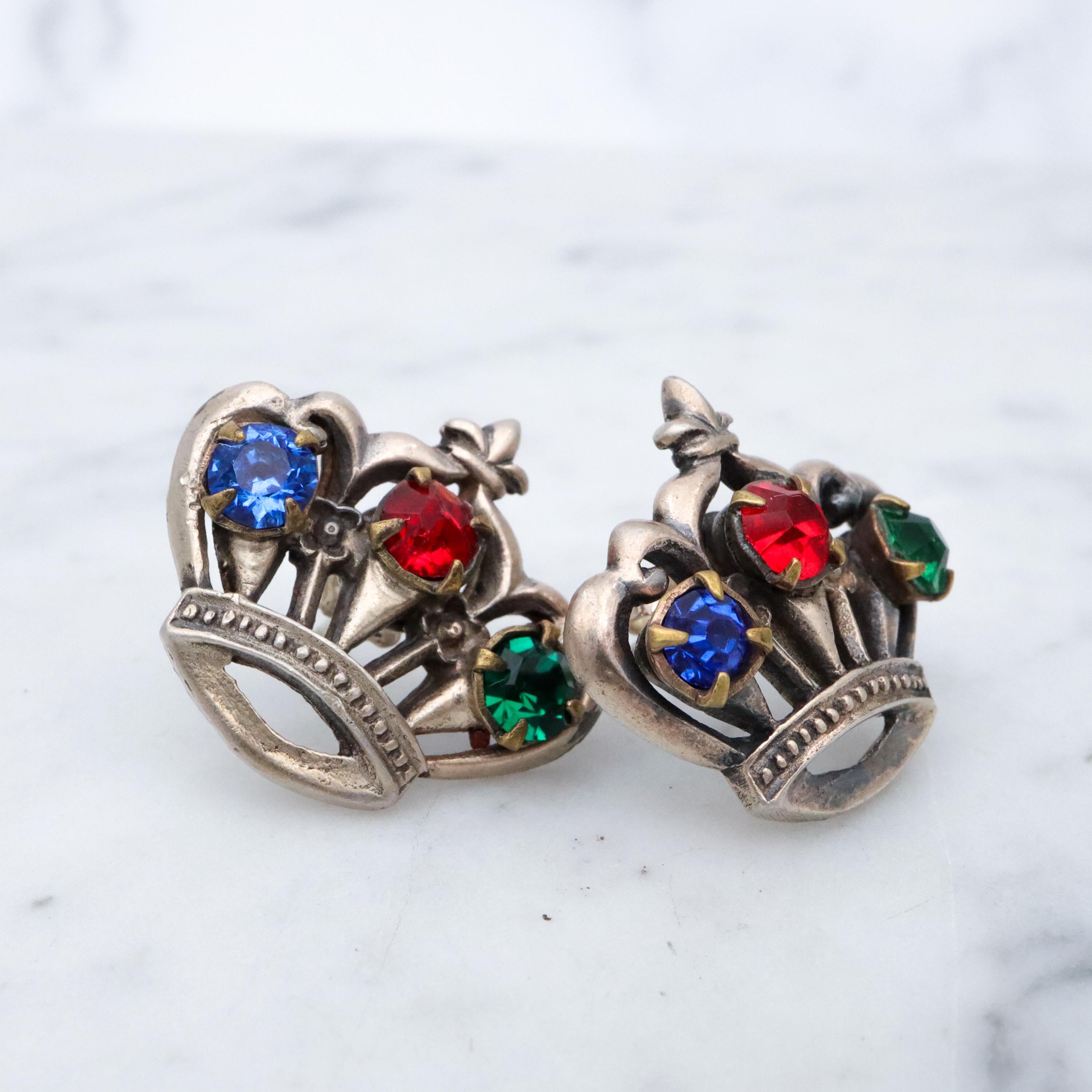 Vintage figural crown rhinestone sterling earrings