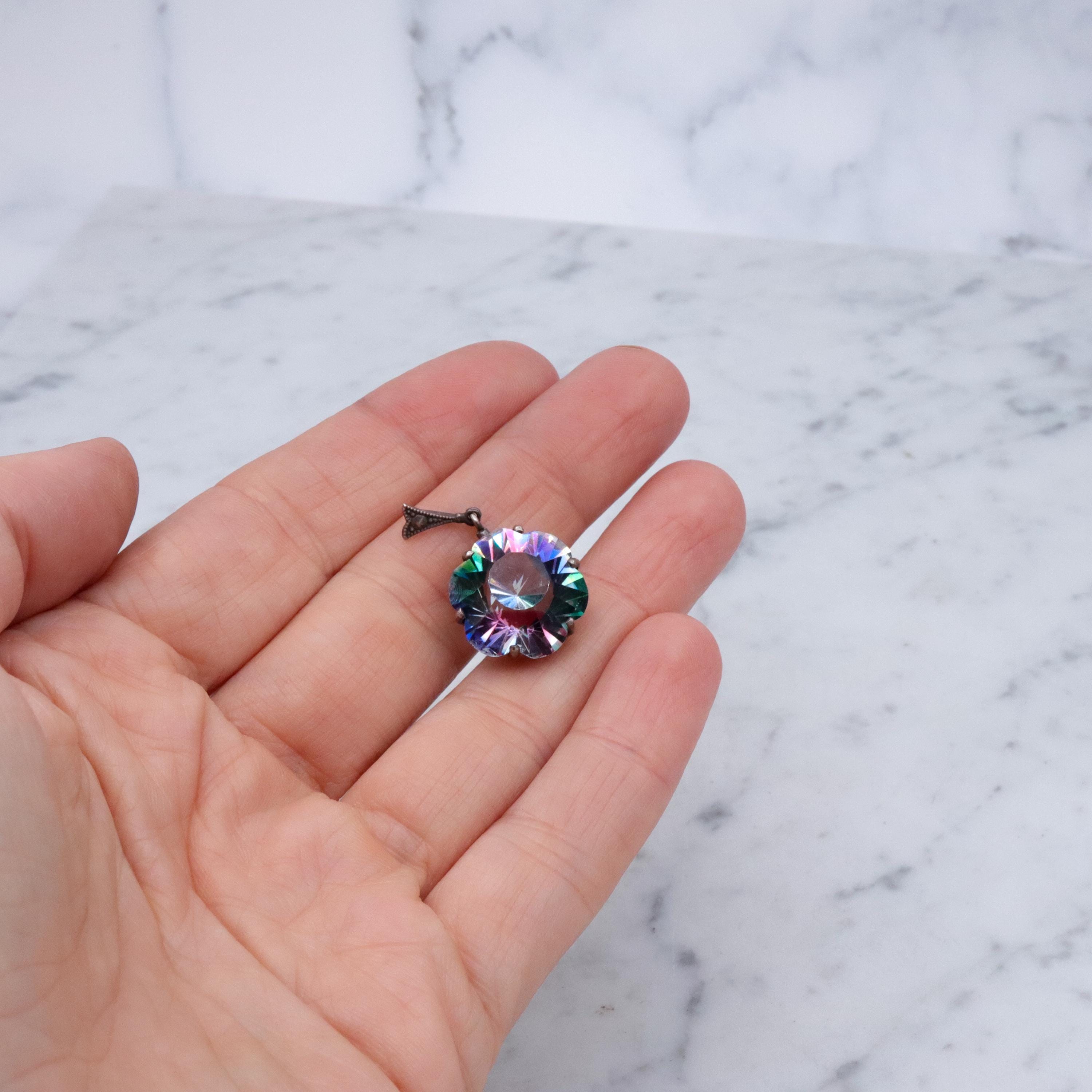 German Deco silver rainbow iris glass flower drop pendant