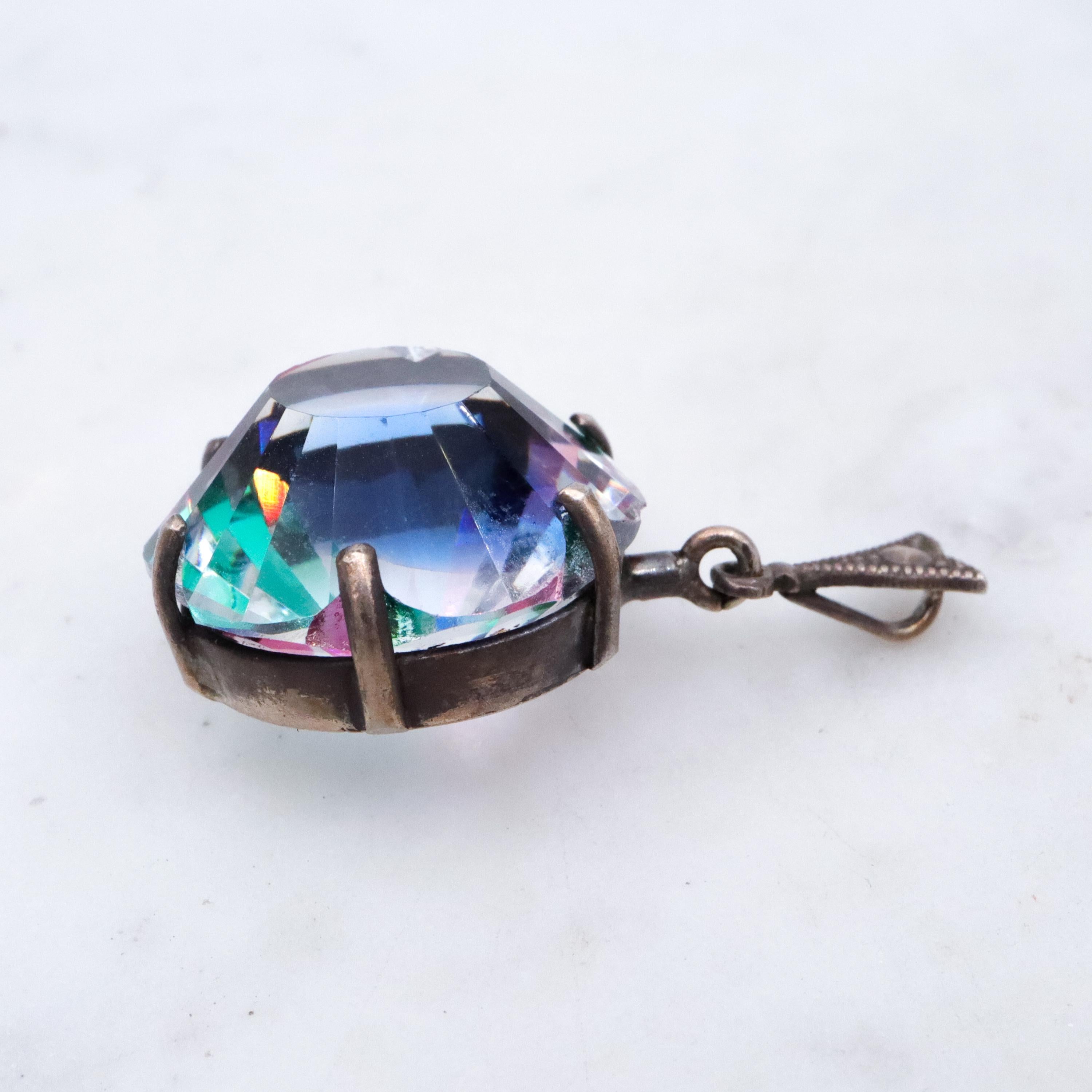 German Deco silver rainbow iris glass flower drop pendant