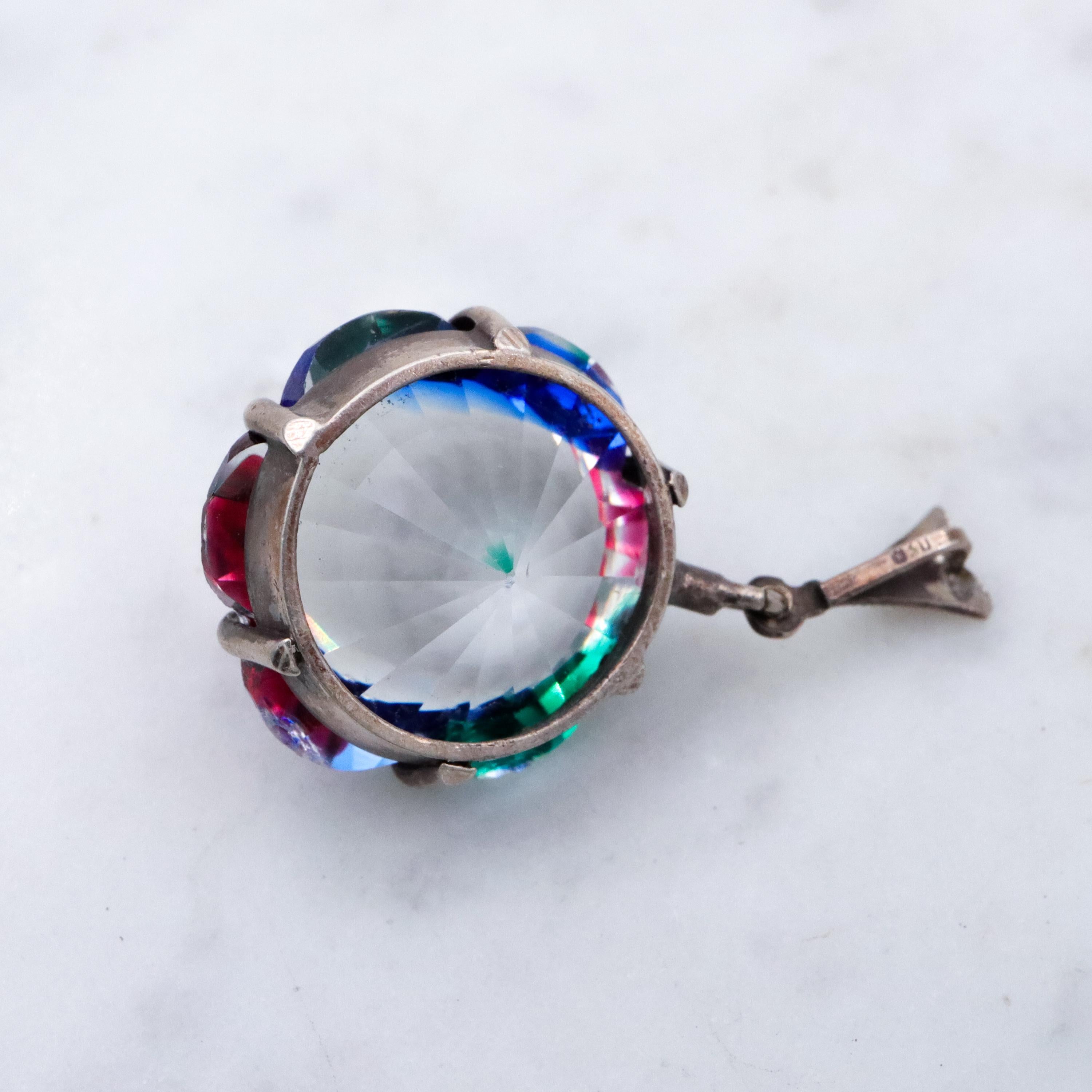 German Deco silver rainbow iris glass flower drop pendant