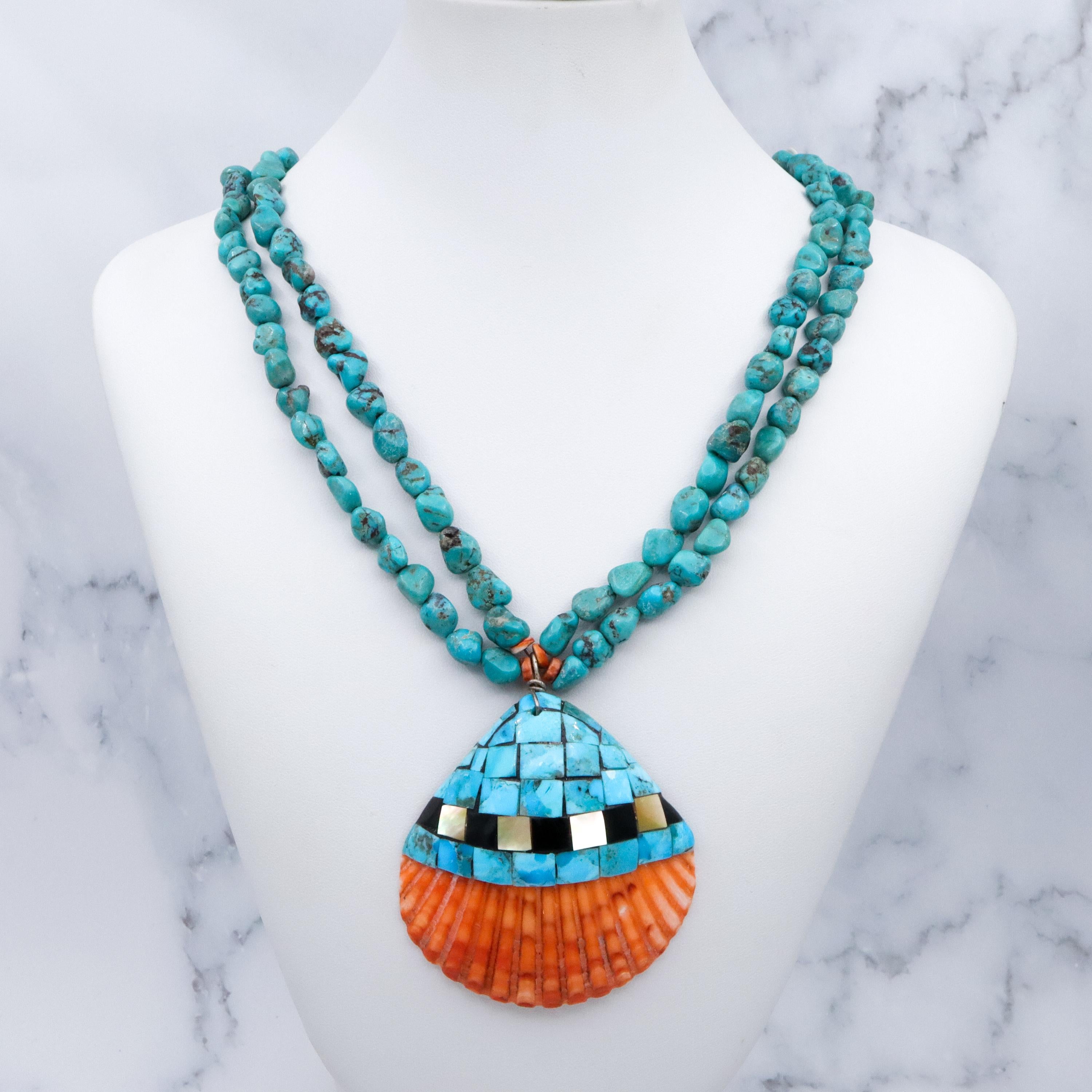 Vintage Santo Domingo mosaic inlay shell & turquoise bead necklace