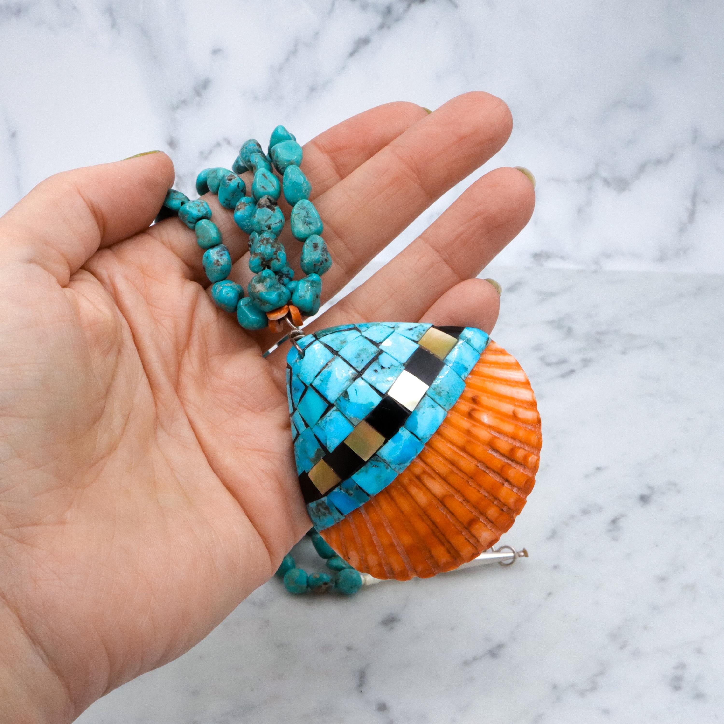 Vintage Santo Domingo mosaic inlay shell & turquoise bead necklace