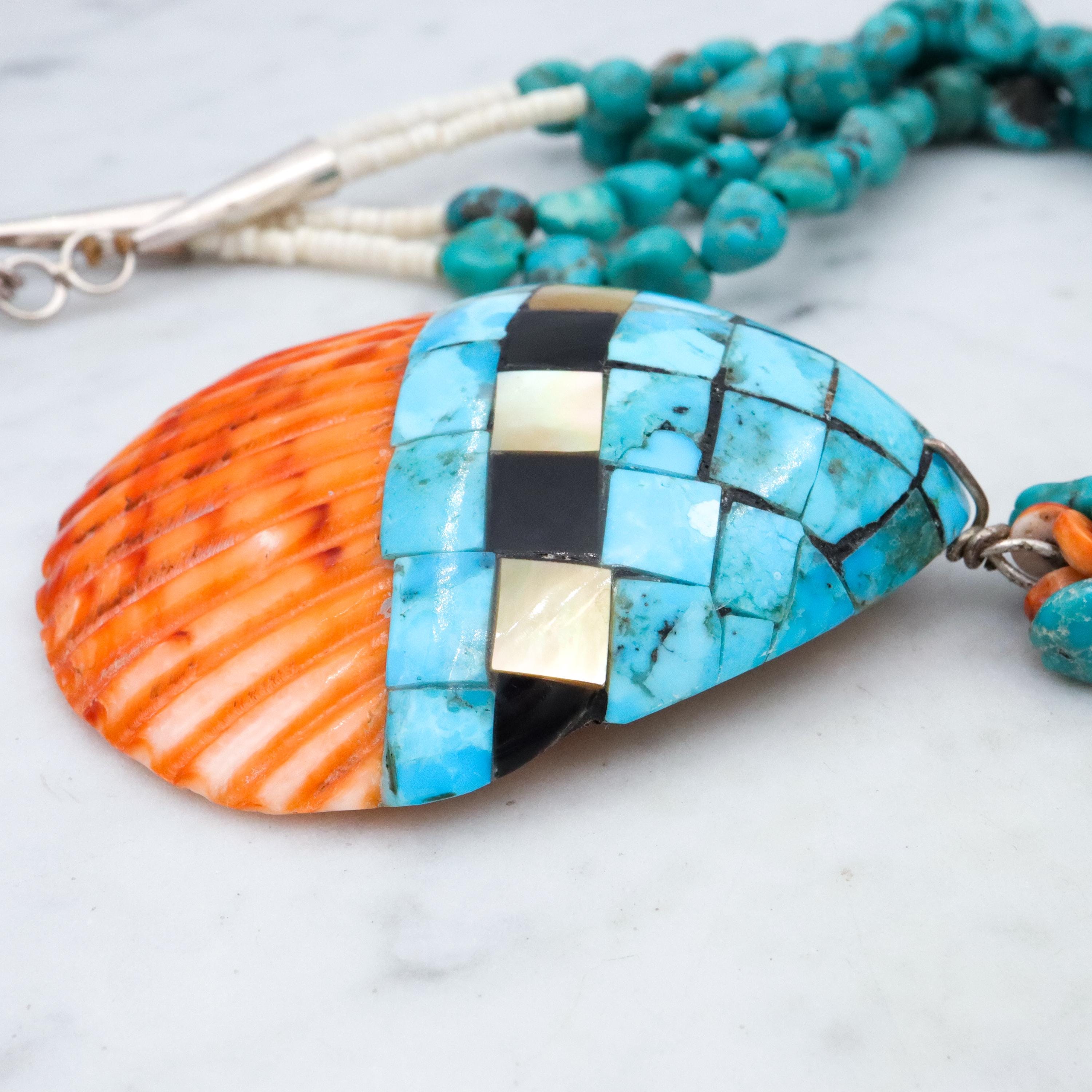 Vintage Santo Domingo mosaic inlay shell & turquoise bead necklace