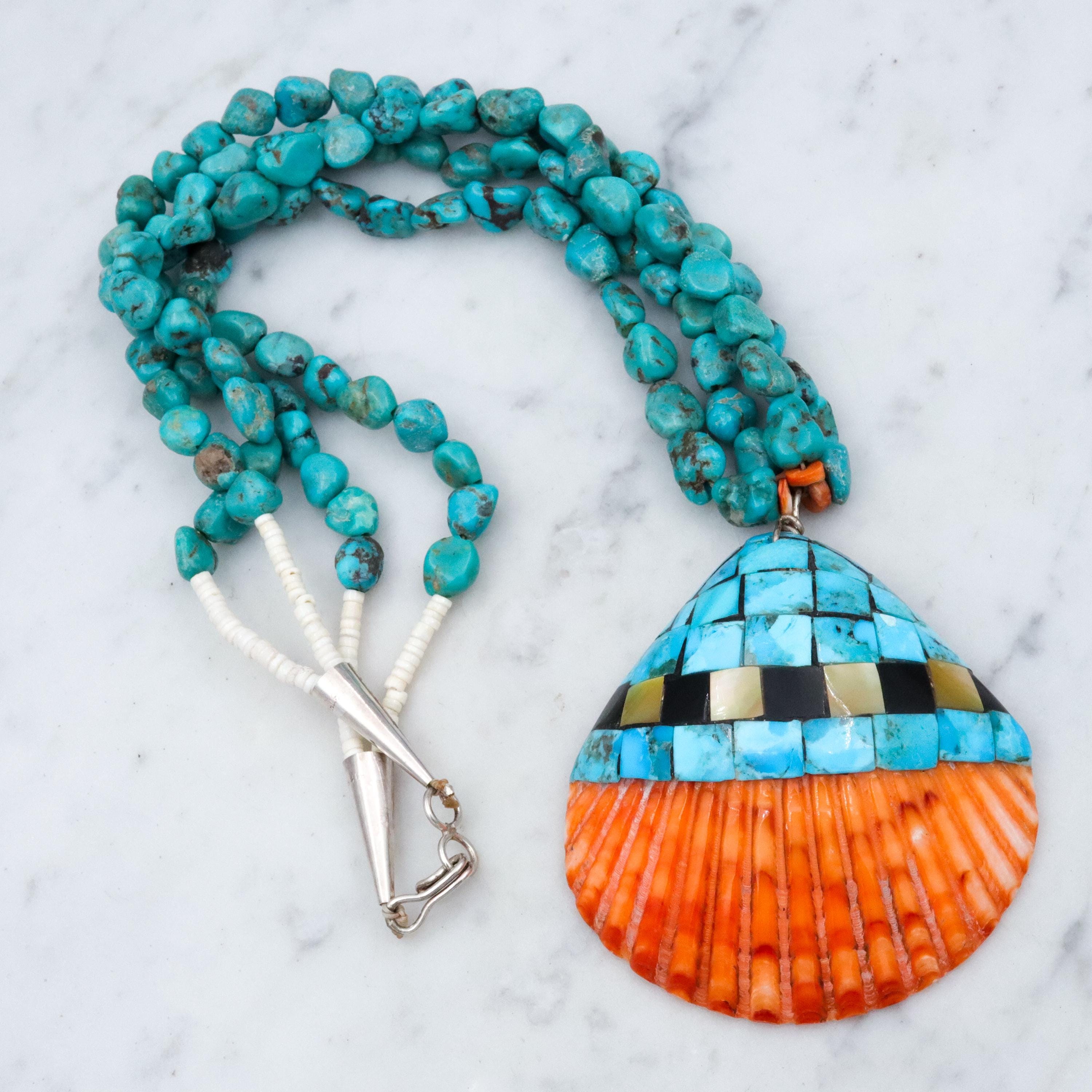 Vintage Santo Domingo mosaic inlay shell & turquoise bead necklace