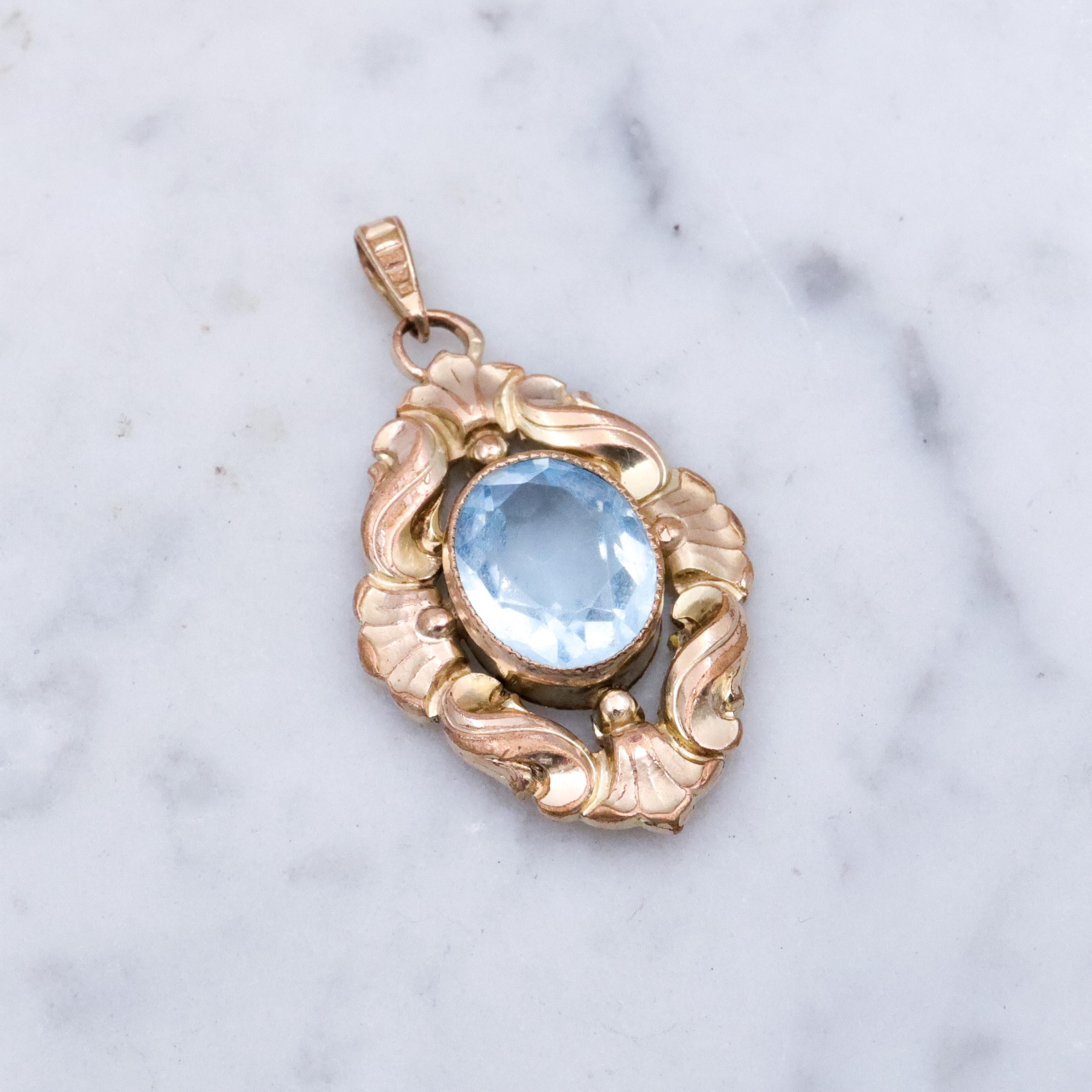 1930s Kollmar & Jourdan rolled gold aqua glass Rococo pendant