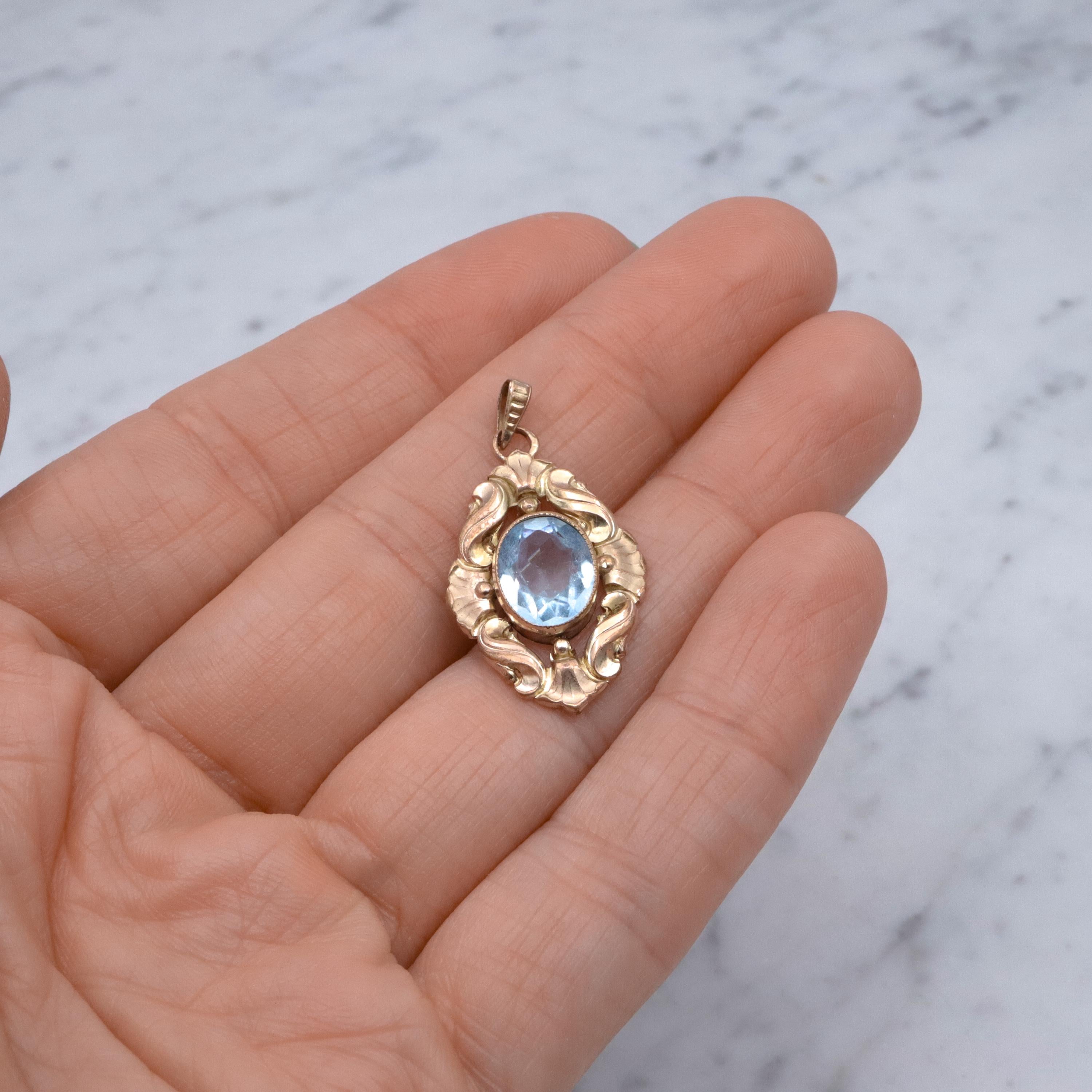 1930s Kollmar & Jourdan rolled gold aqua glass Rococo pendant