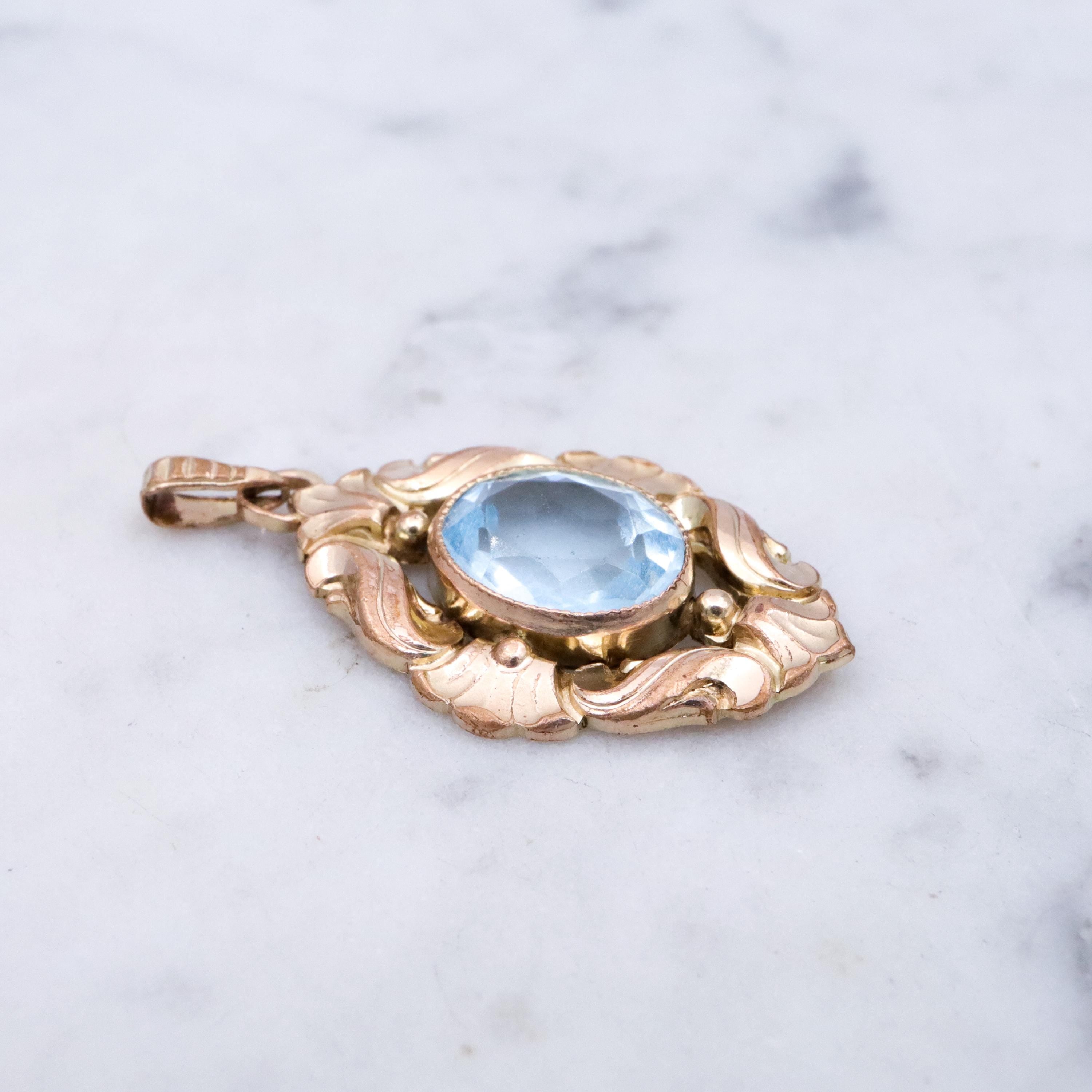 1930s Kollmar & Jourdan rolled gold aqua glass Rococo pendant